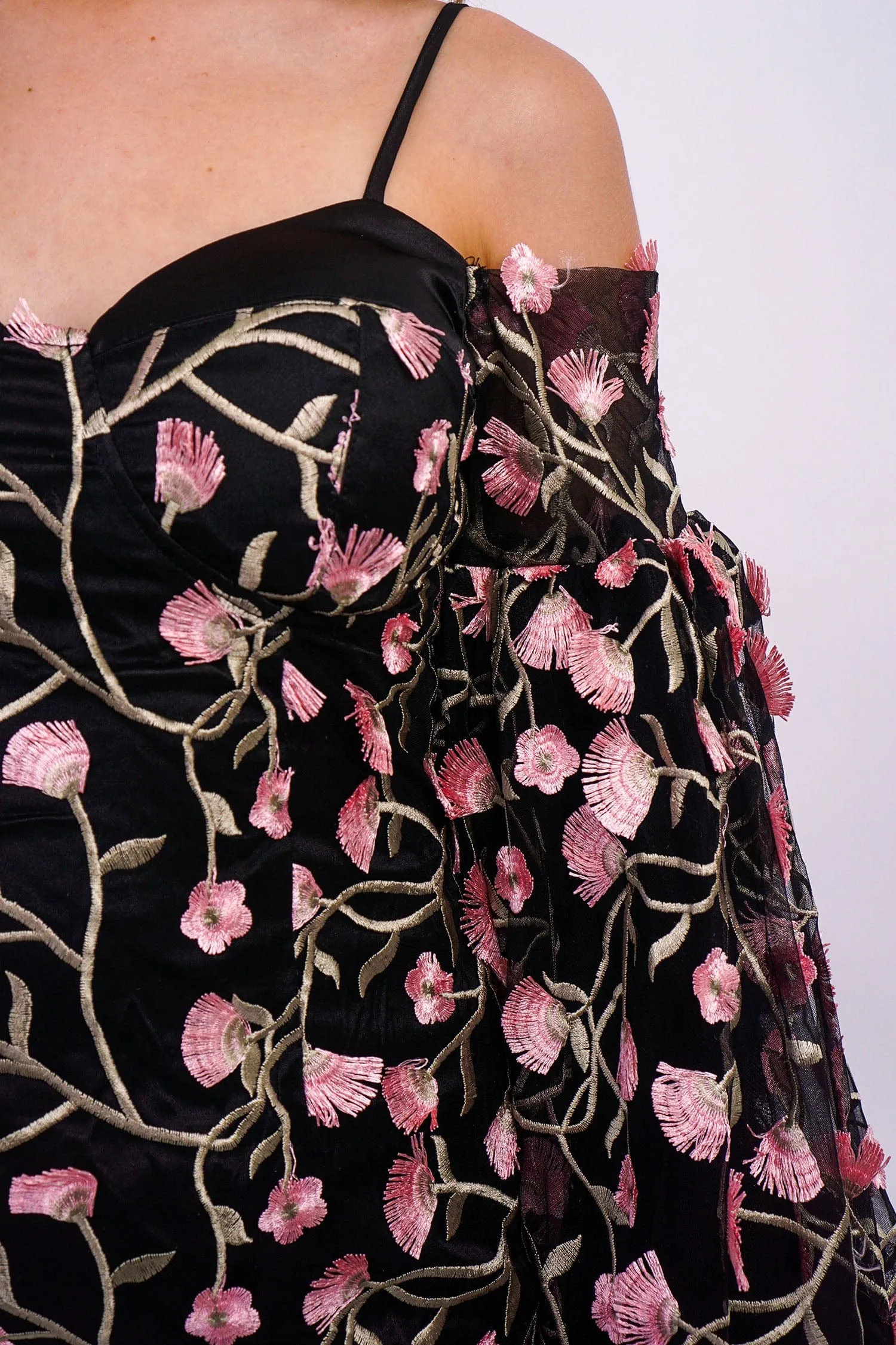 Pink Black 3D Floral Off Shld Dress