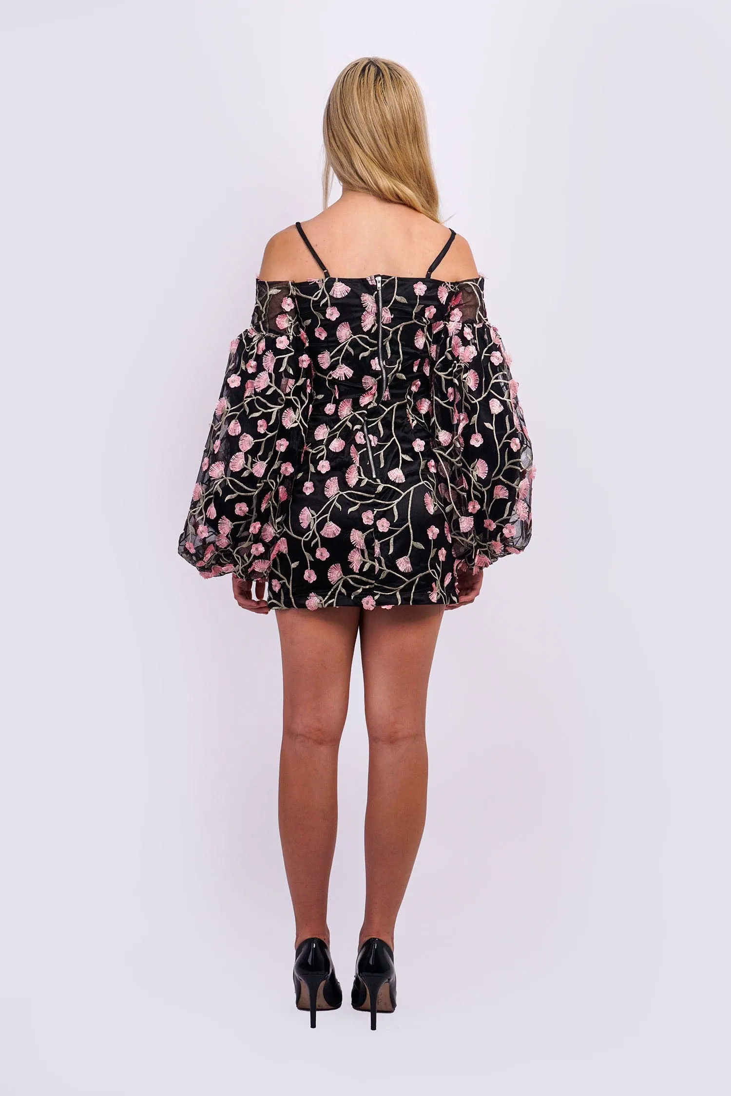 Pink Black 3D Floral Off Shld Dress