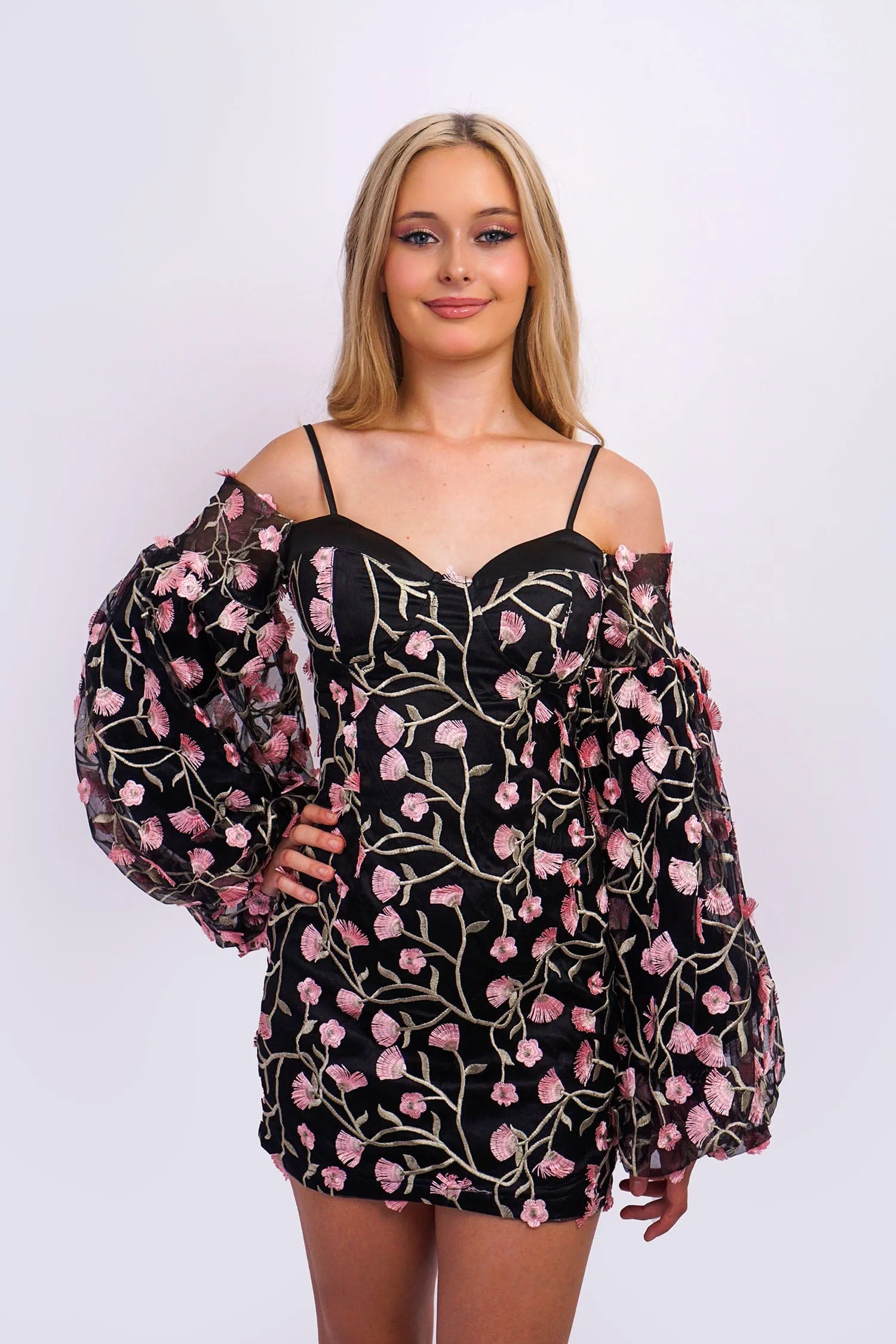 Pink Black 3D Floral Off Shld Dress