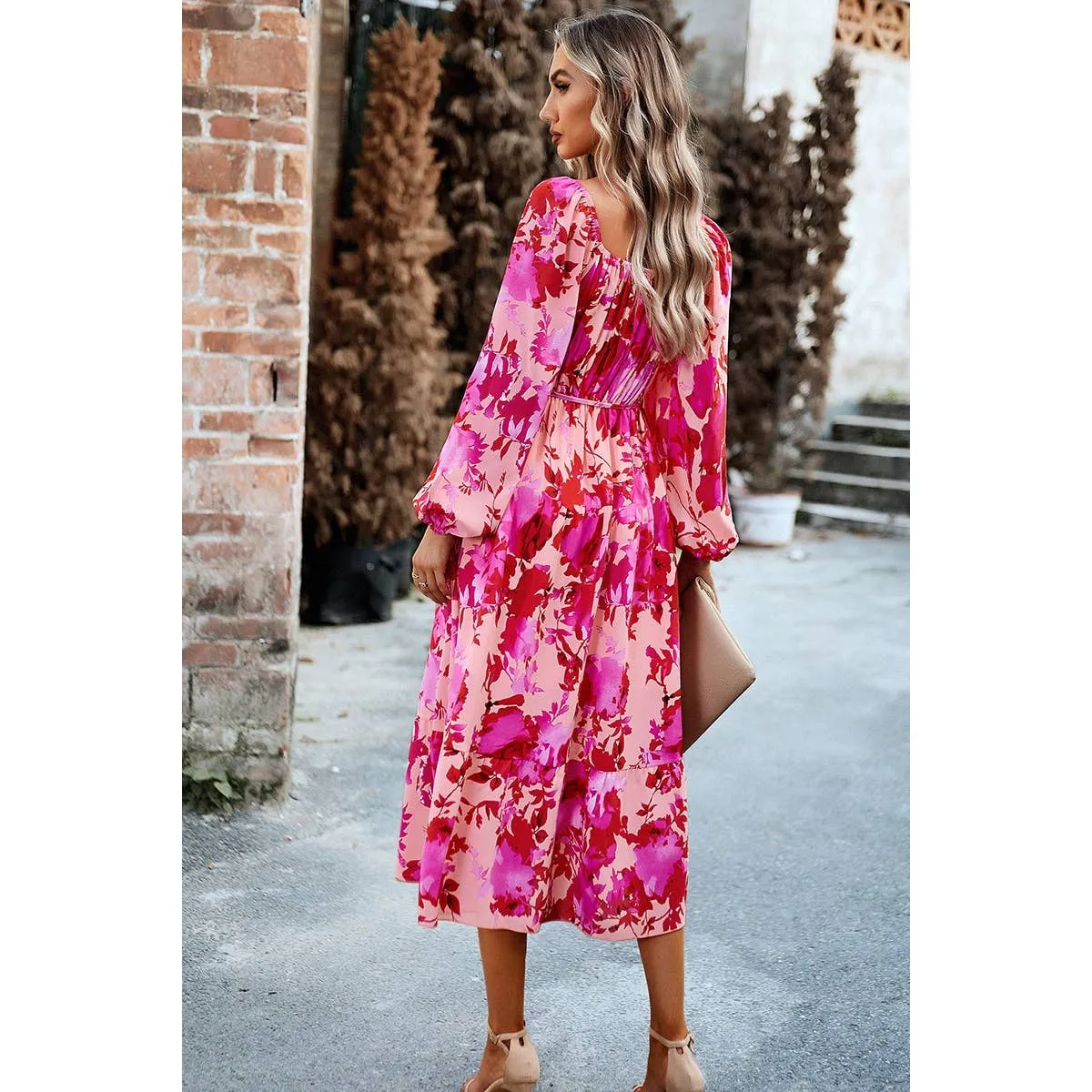 Pink Floral High Elastic Waist Square Neck Pocket Dress