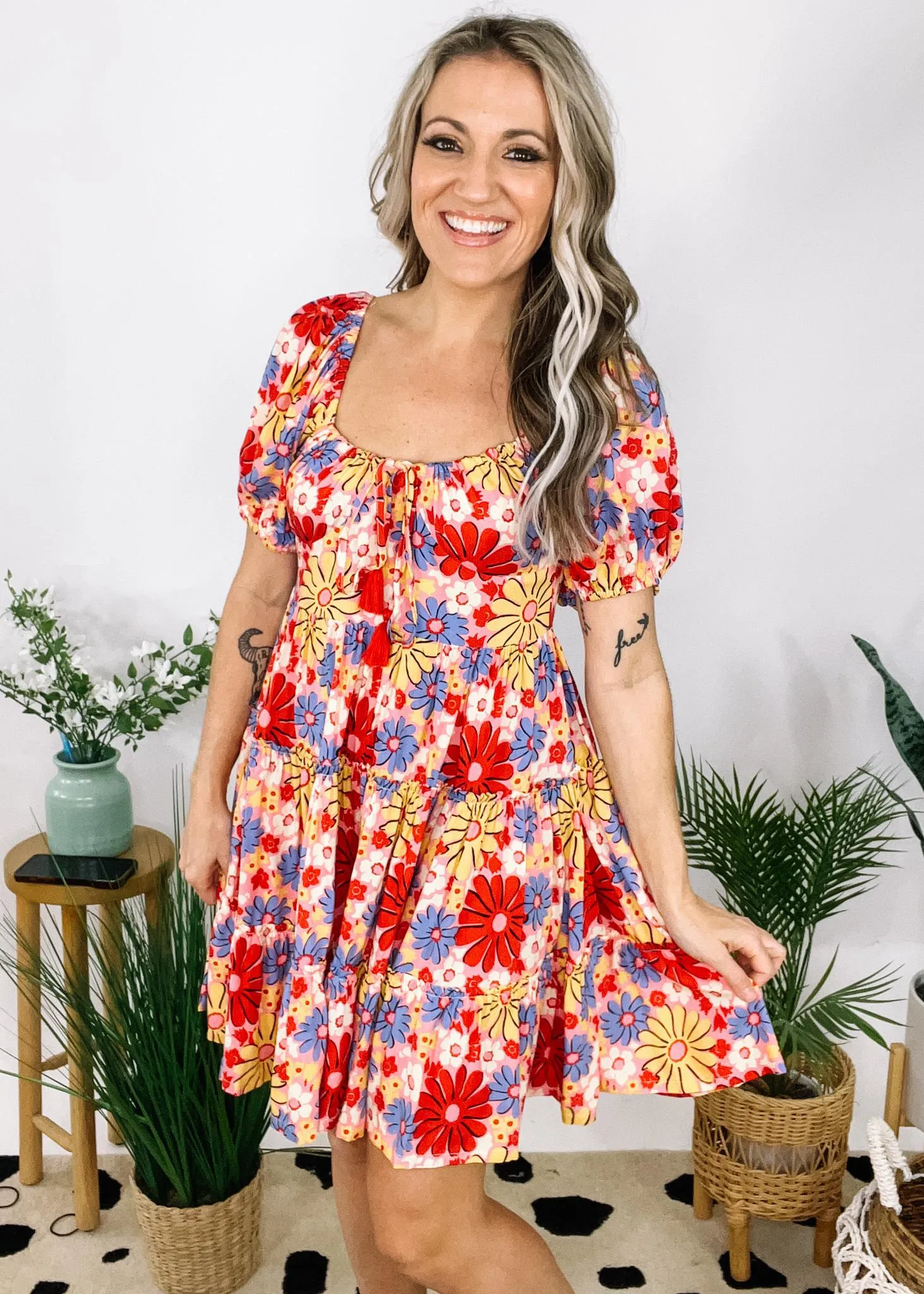 Pink Fun Floral Print Mini Dress