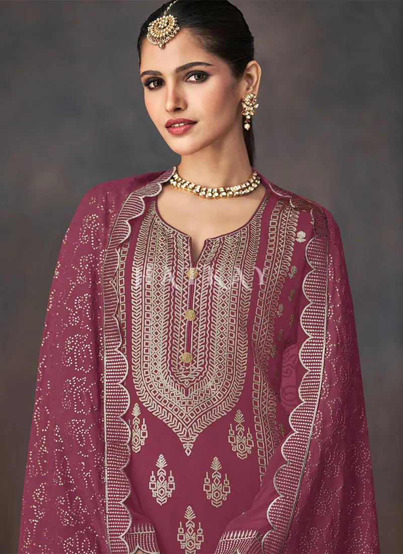 Pink Golden Embroidered Sharara Style Suit