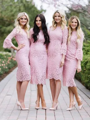 pink lace bridesmaid dresses short 2020 appliqué mermaid flare sleeve elegant wedding guest dress