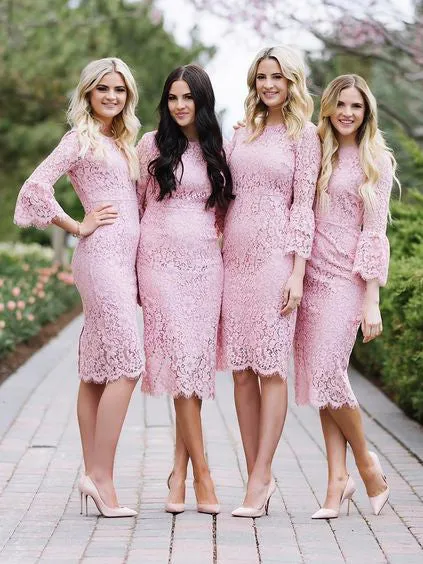 pink lace bridesmaid dresses short 2020 appliqué mermaid flare sleeve elegant wedding guest dress
