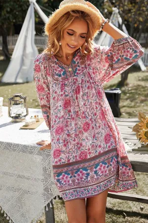 Pink Long Sleeves Floral V neck Dress