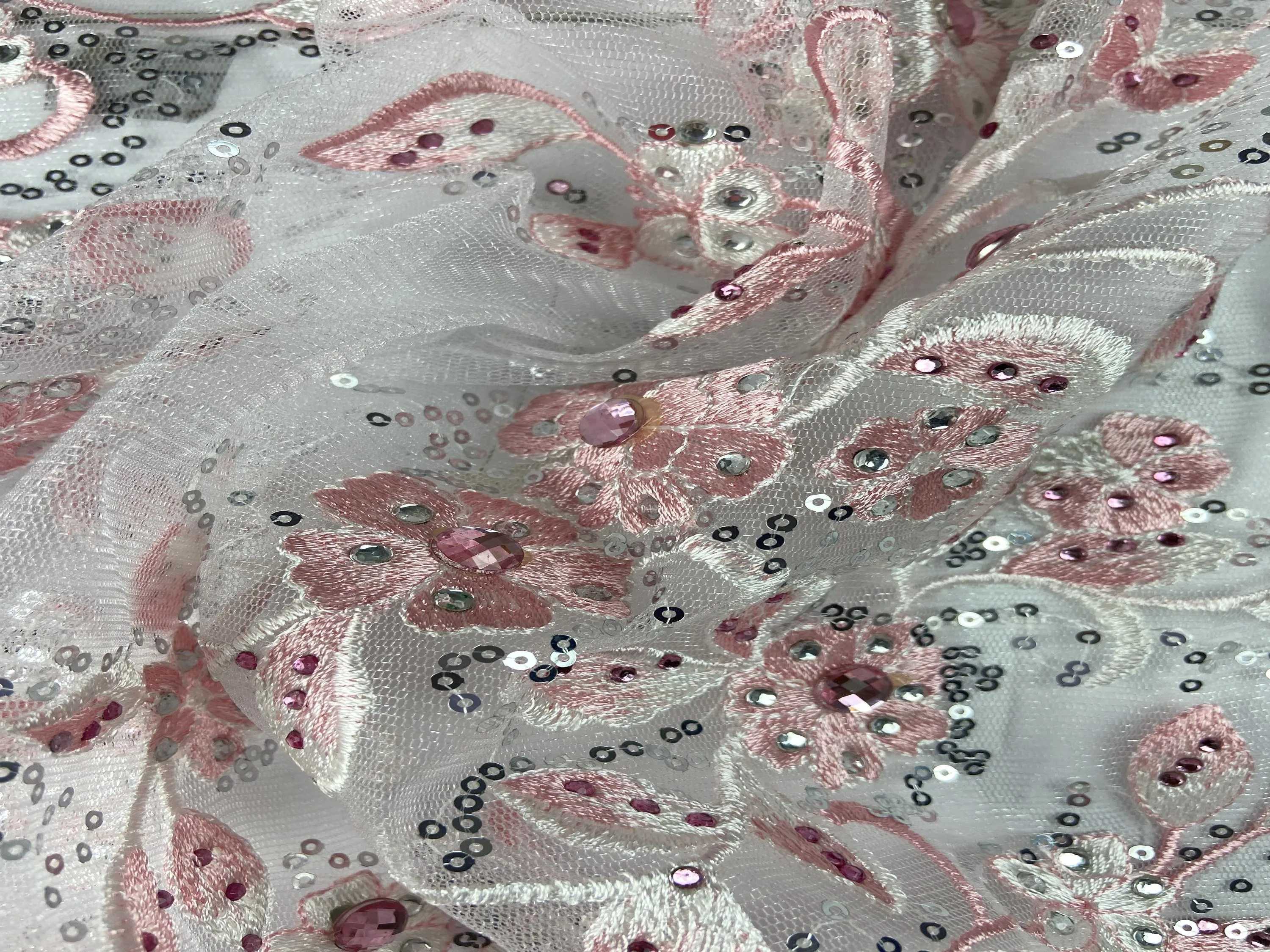 Pink Rhinestone Floral Mesh