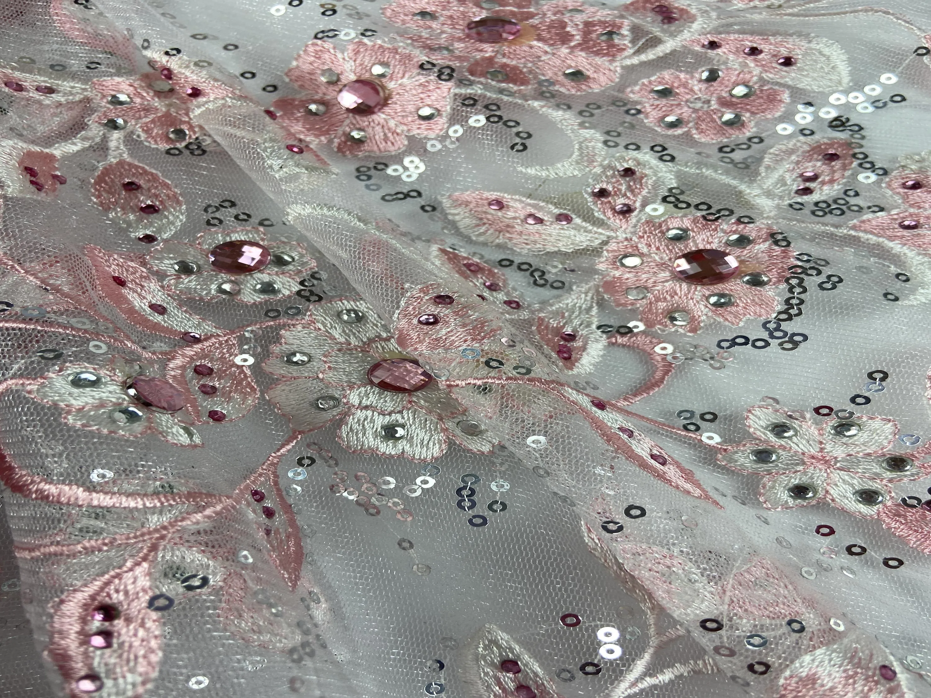 Pink Rhinestone Floral Mesh