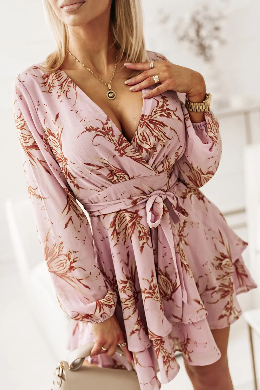 Pink V Neck Baggy Sleeve Waist Tie Double Layer Ruffle Hem Floral Print Short Dress
