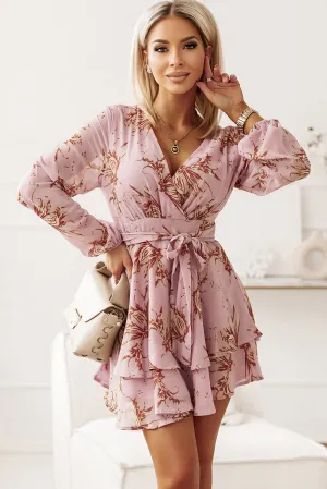 Pink V Neck Baggy Sleeve Waist Tie Double Layer Ruffle Hem Floral Print Short Dress