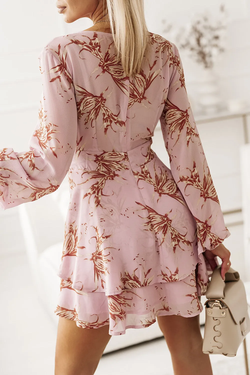 Pink V Neck Baggy Sleeve Waist Tie Double Layer Ruffle Hem Floral Print Short Dress