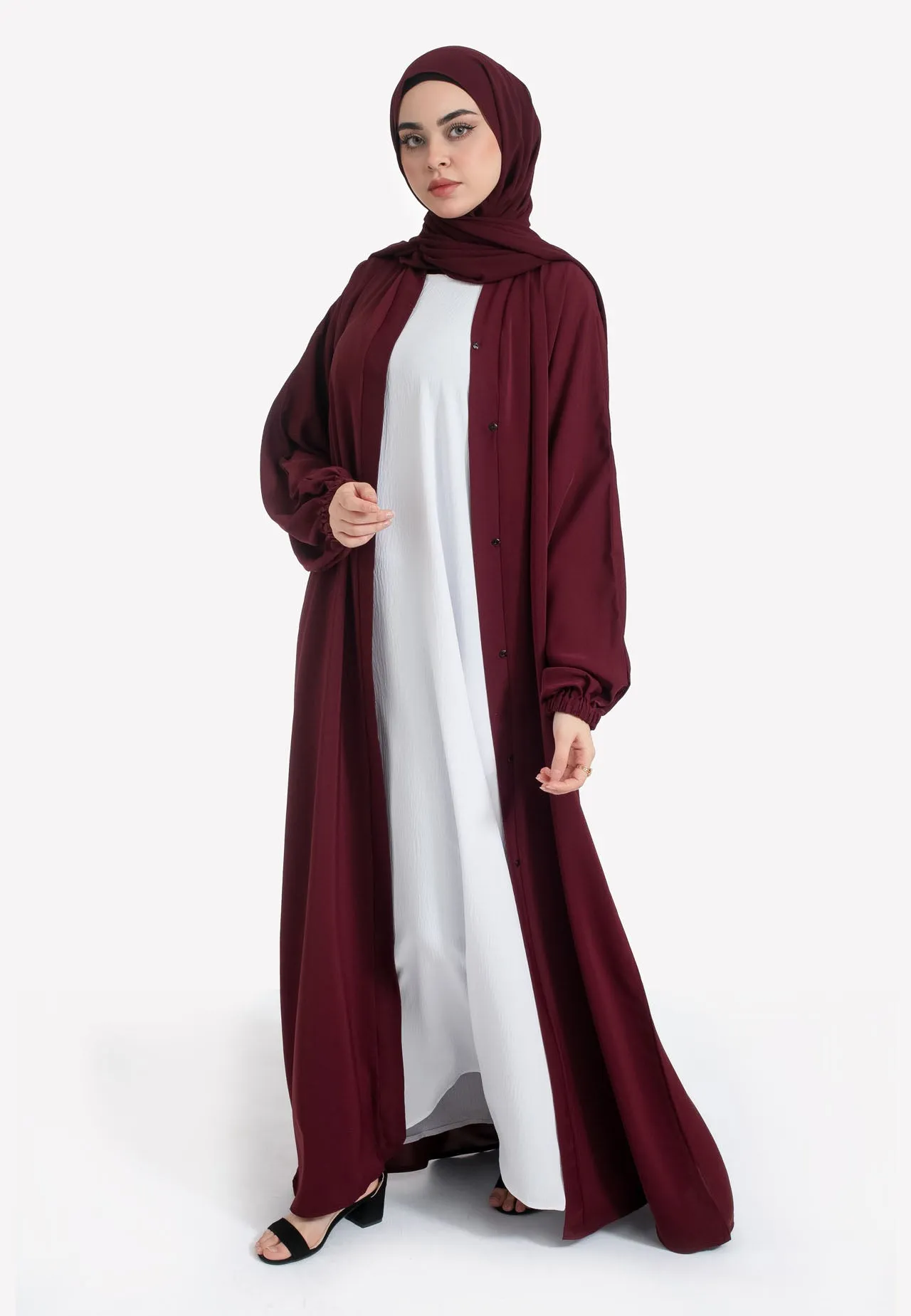 Plain Burgundy Open Abaya With Elasticated Cuff Sleeves