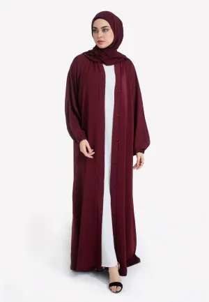 Plain Burgundy Open Abaya With Elasticated Cuff Sleeves