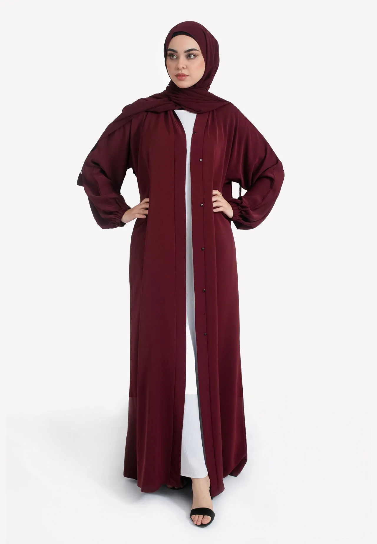 Plain Burgundy Open Abaya With Elasticated Cuff Sleeves