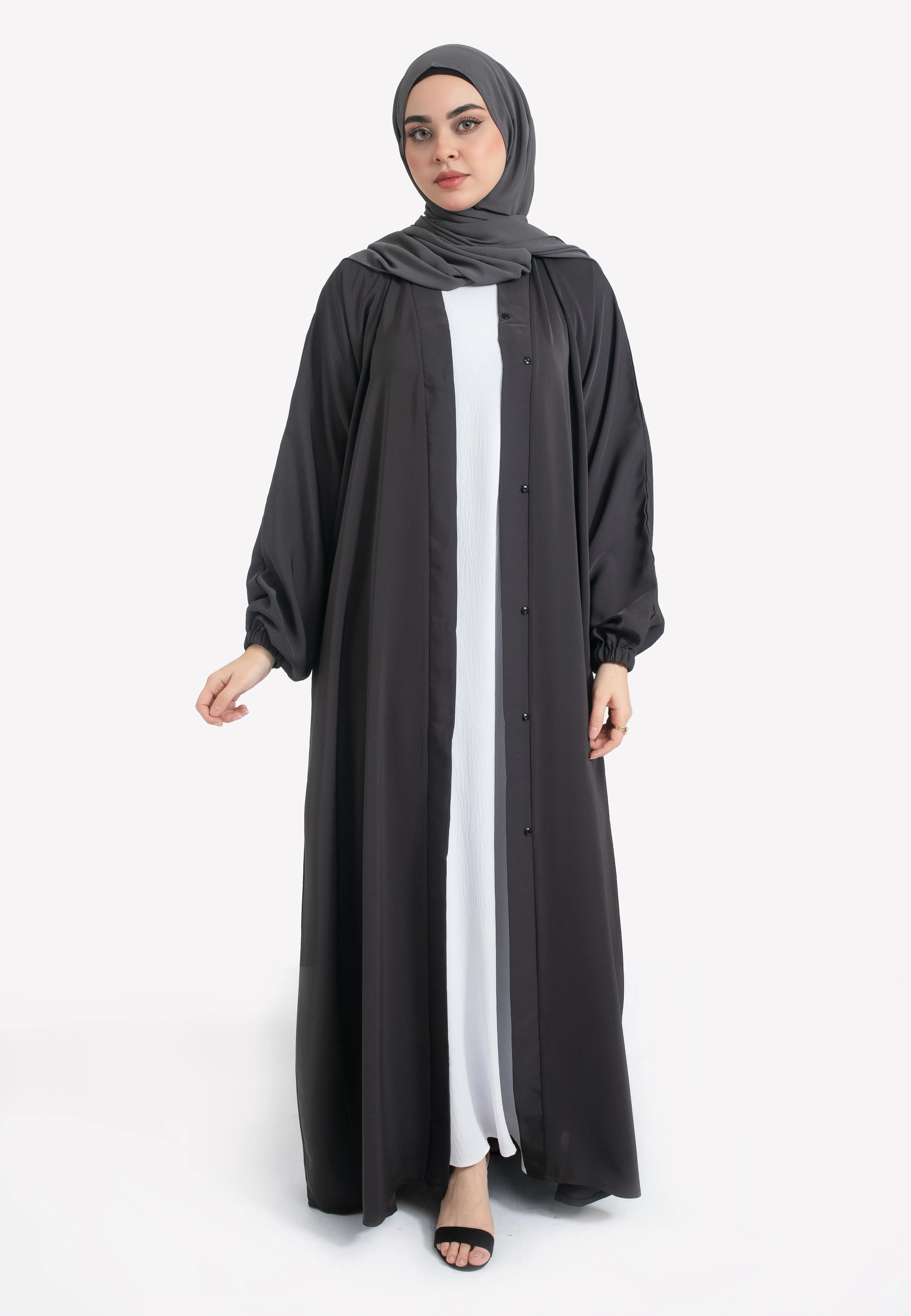 Plain Charcoal Open Abaya With Elasticated Cuff Sleeves
