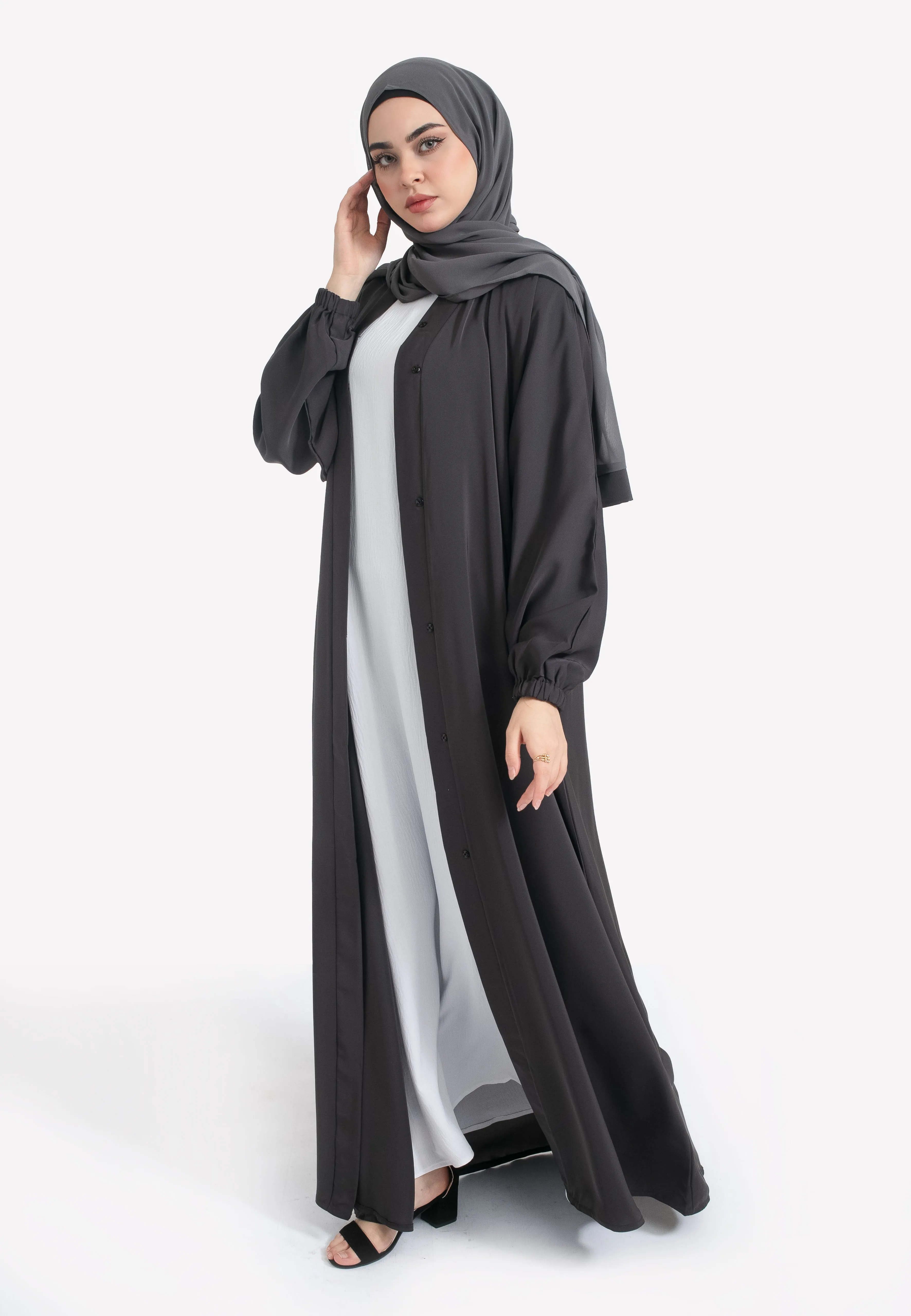 Plain Charcoal Open Abaya With Elasticated Cuff Sleeves