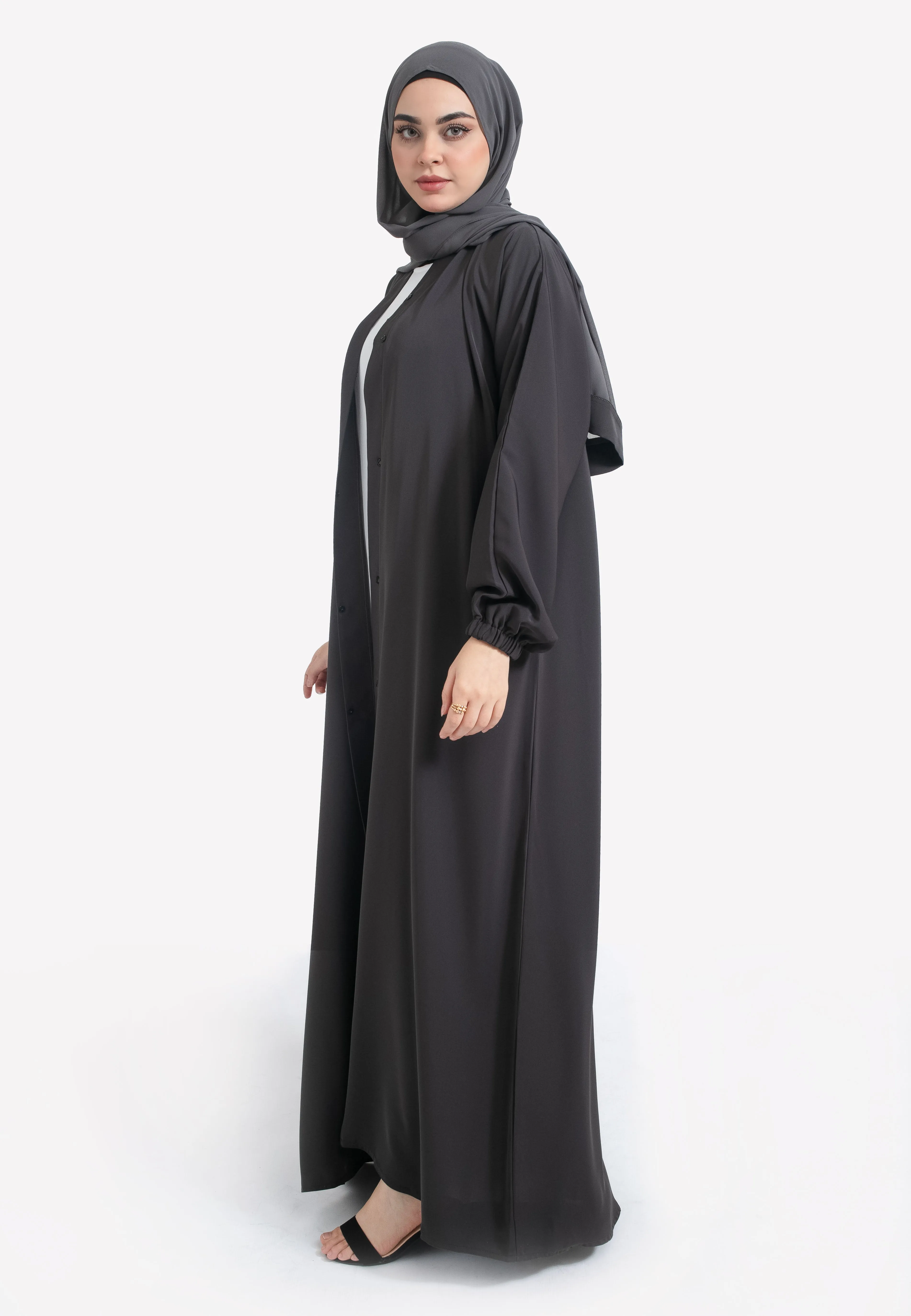 Plain Charcoal Open Abaya With Elasticated Cuff Sleeves