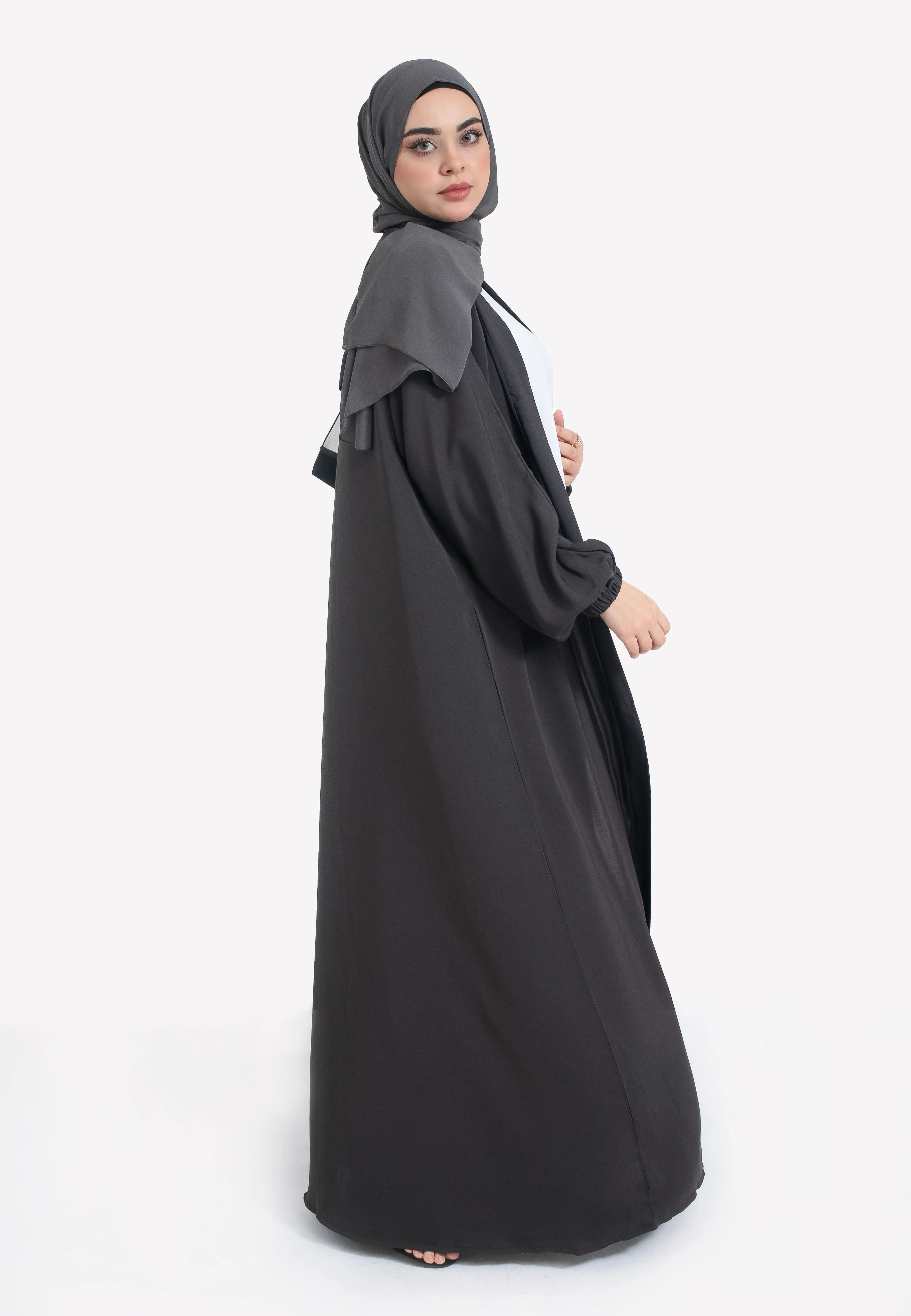 Plain Charcoal Open Abaya With Elasticated Cuff Sleeves