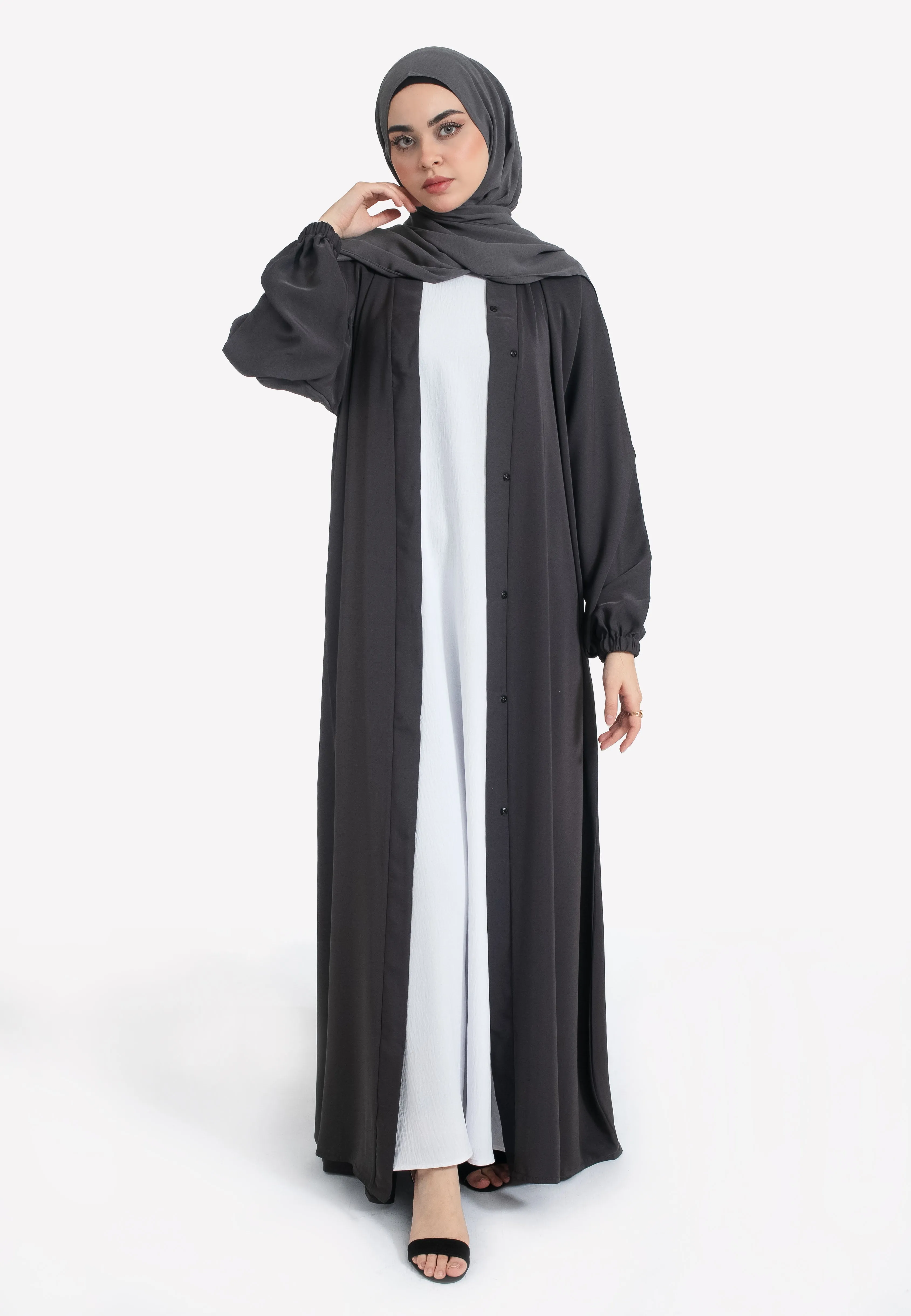 Plain Charcoal Open Abaya With Elasticated Cuff Sleeves