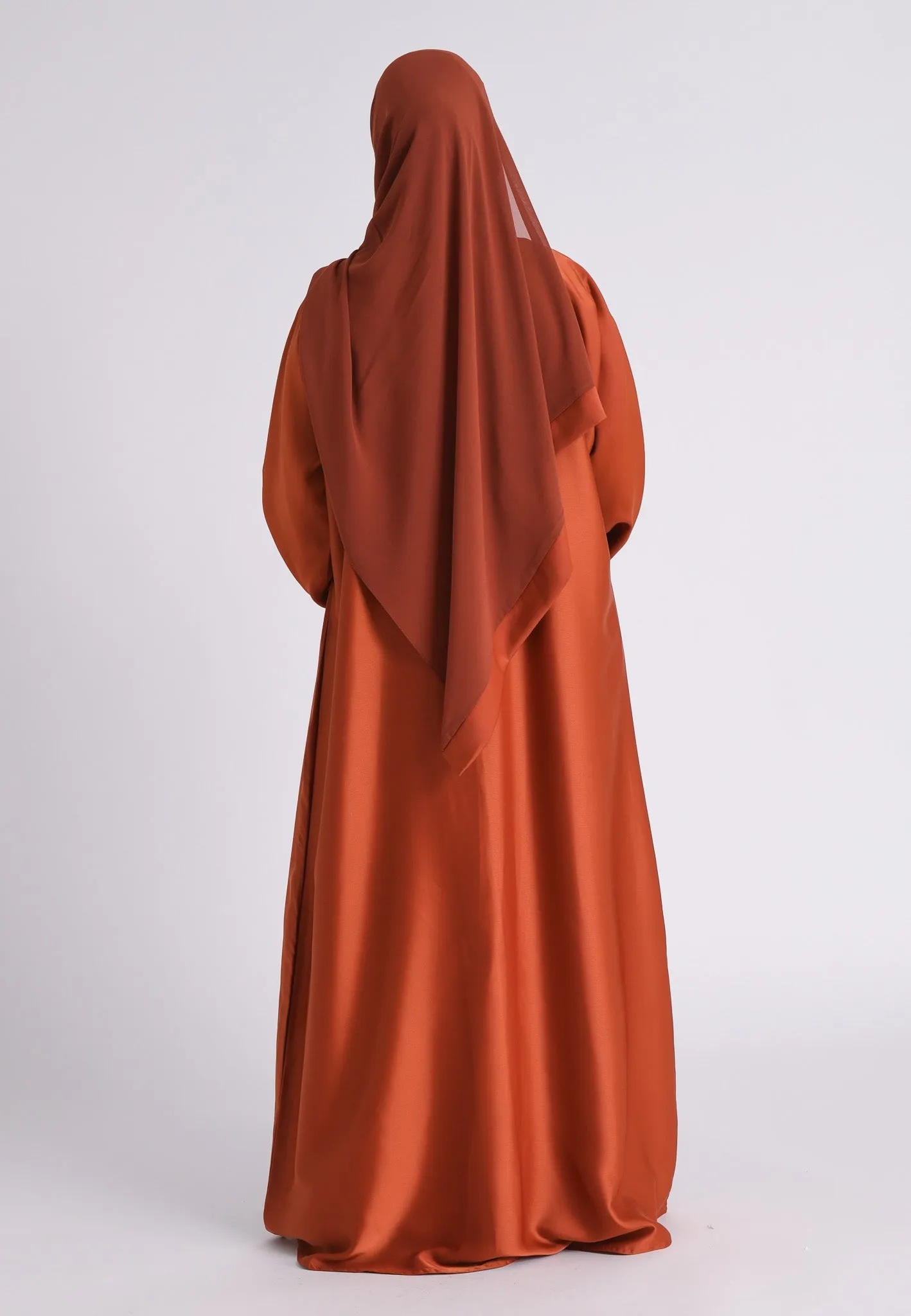 Plain Liquid Satin Open Abaya - Burnt Orange