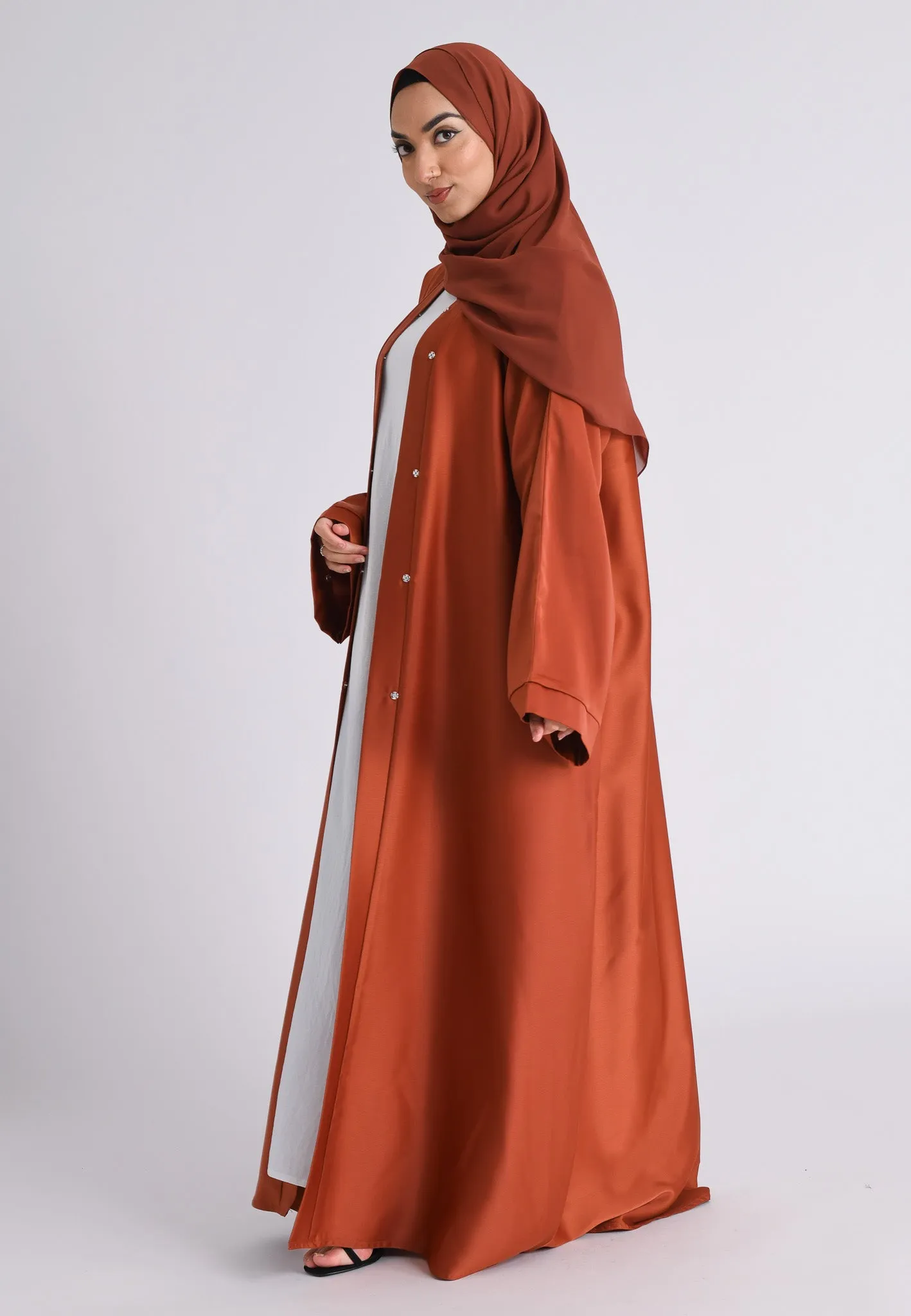 Plain Liquid Satin Open Abaya - Burnt Orange