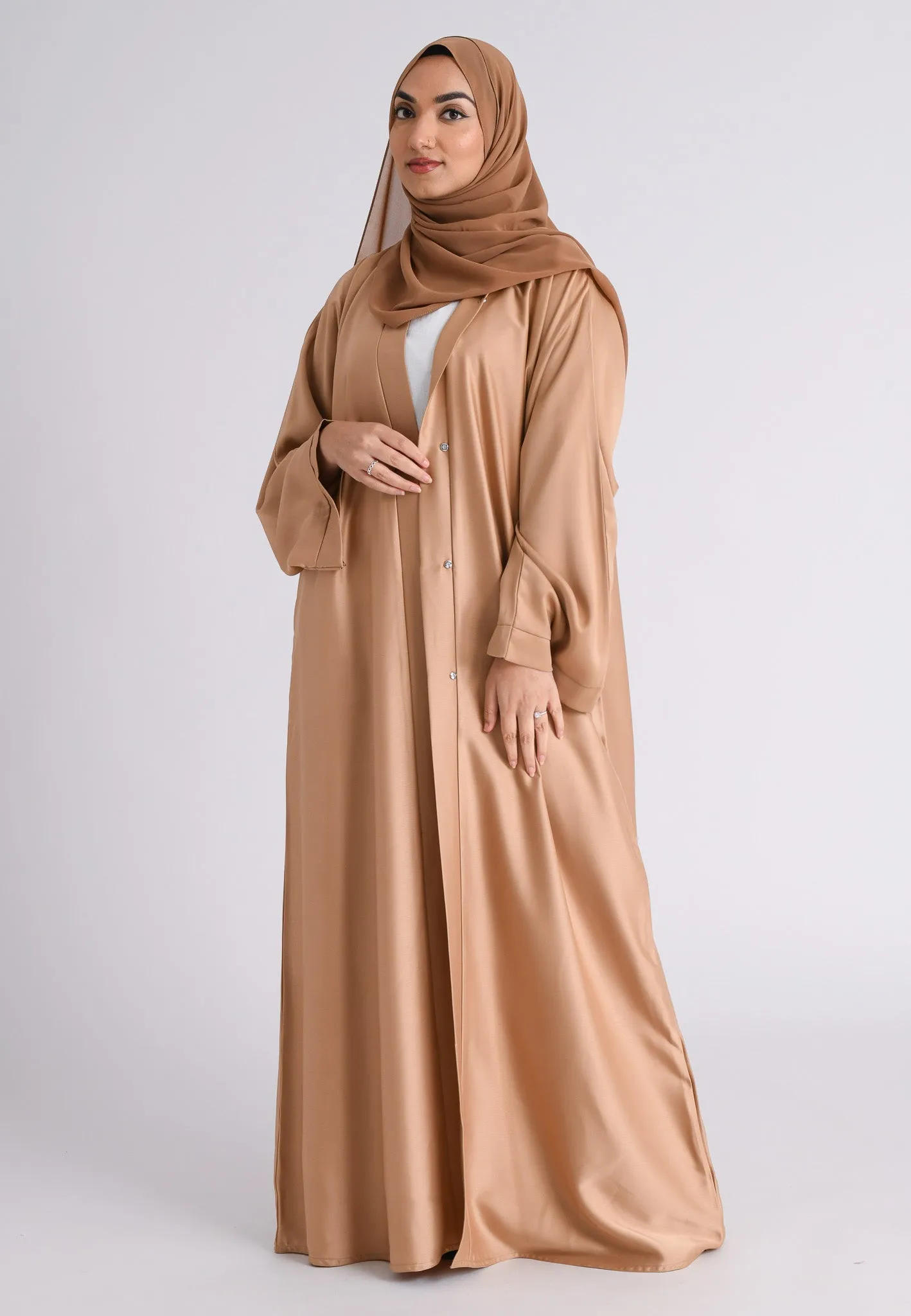 Plain Liquid Satin Open Abaya - Champaign