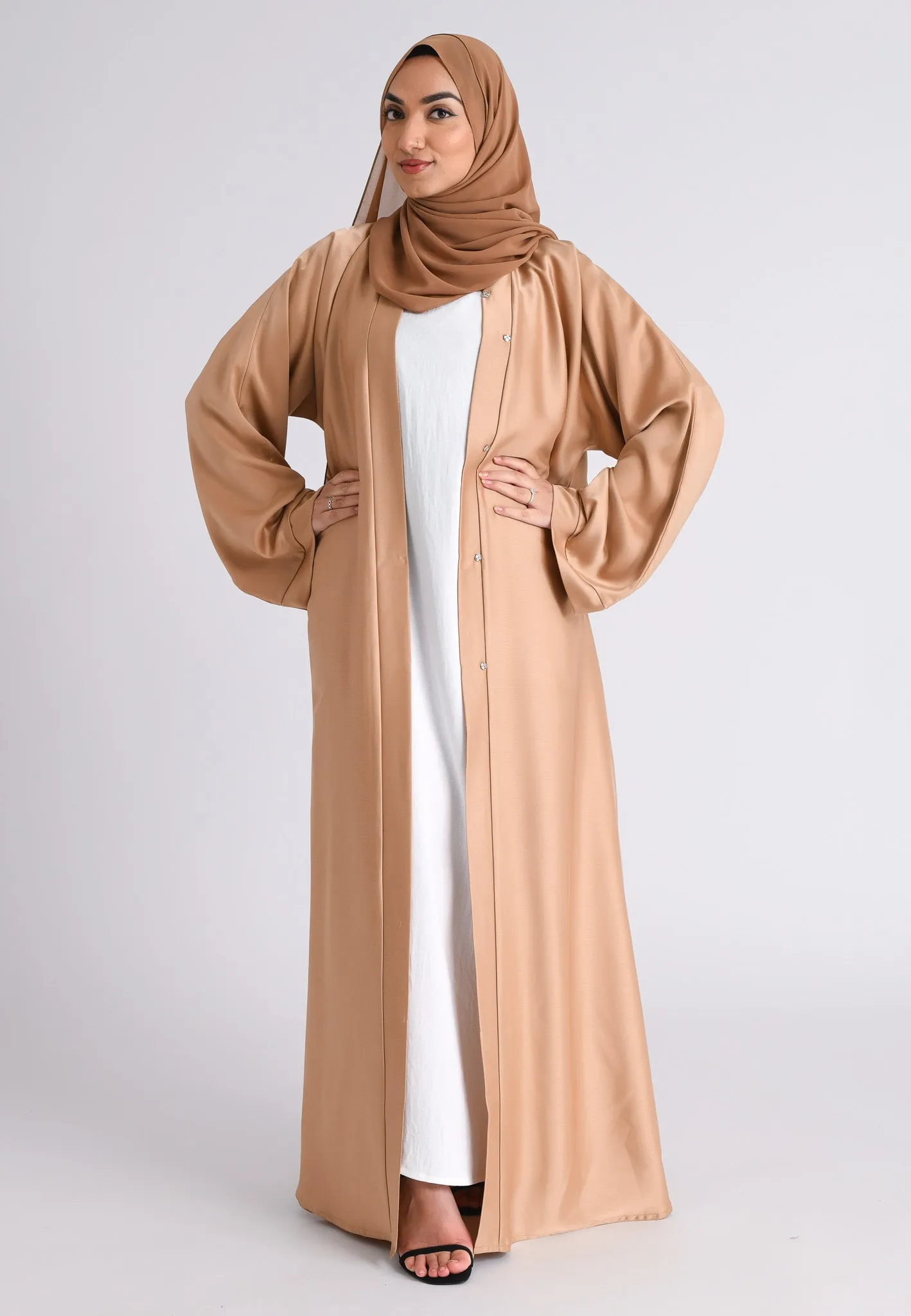 Plain Liquid Satin Open Abaya - Champaign