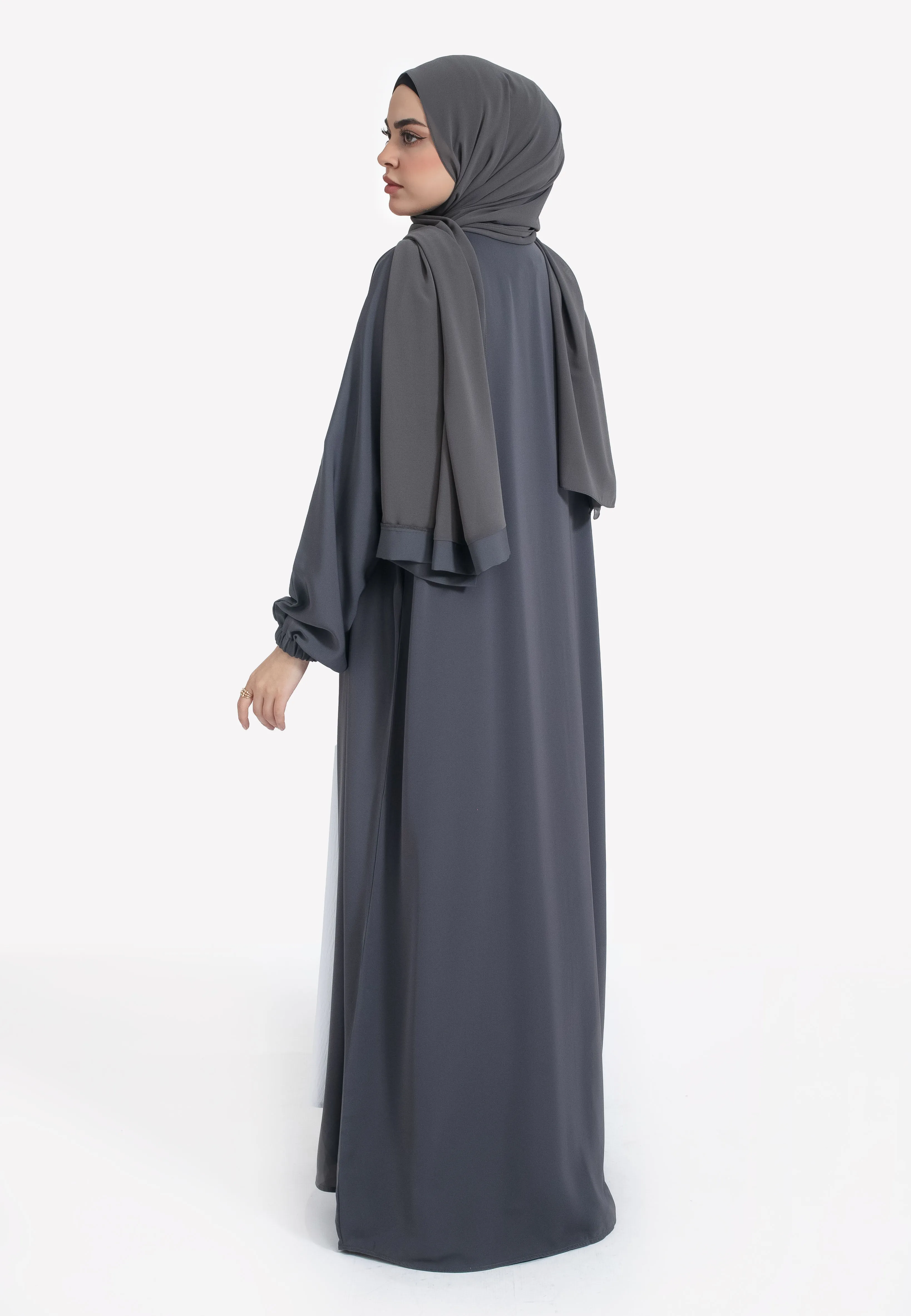 Plain Pebble Grey Open Abaya With Elasticated Cuff Sleeves