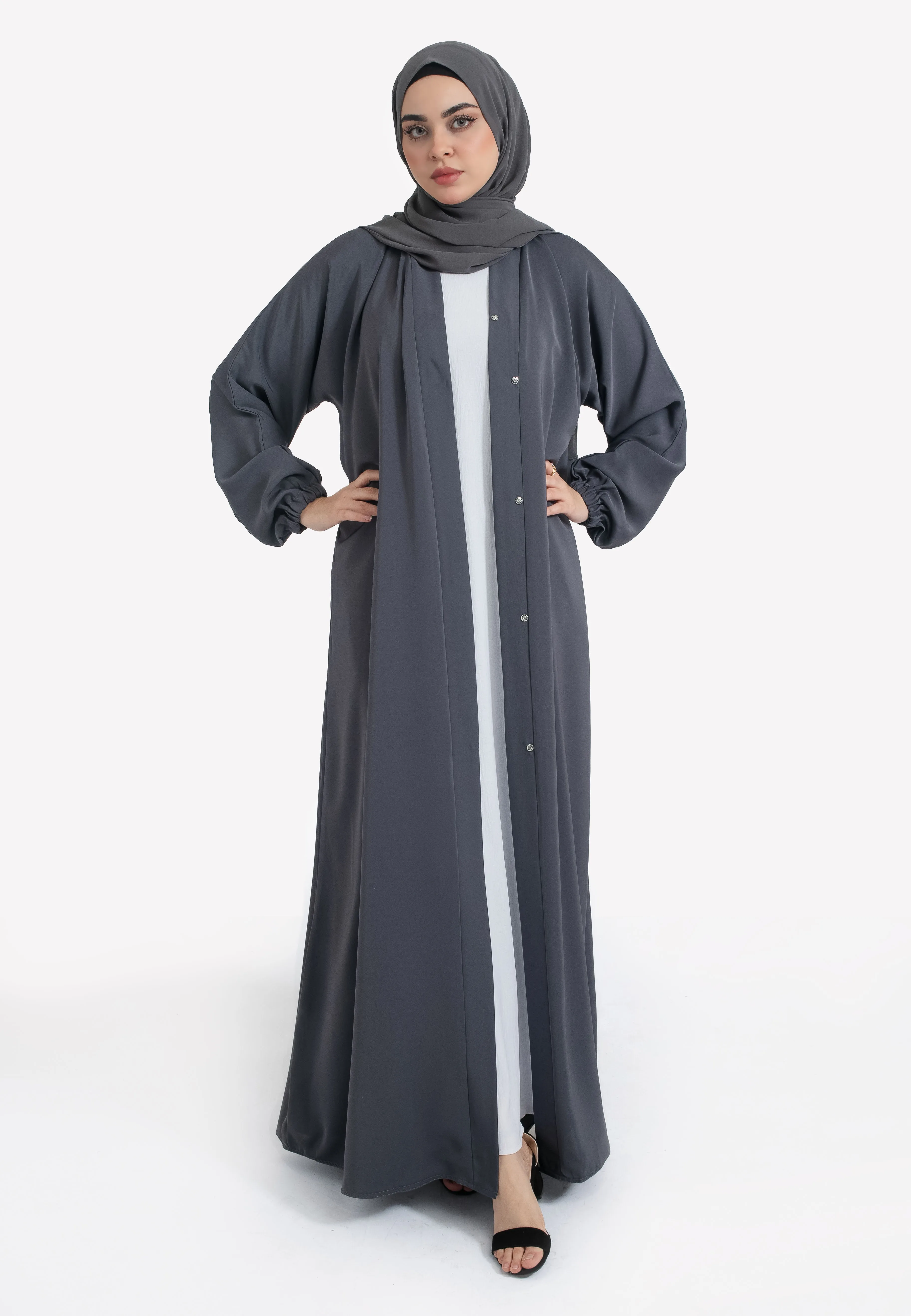 Plain Pebble Grey Open Abaya With Elasticated Cuff Sleeves