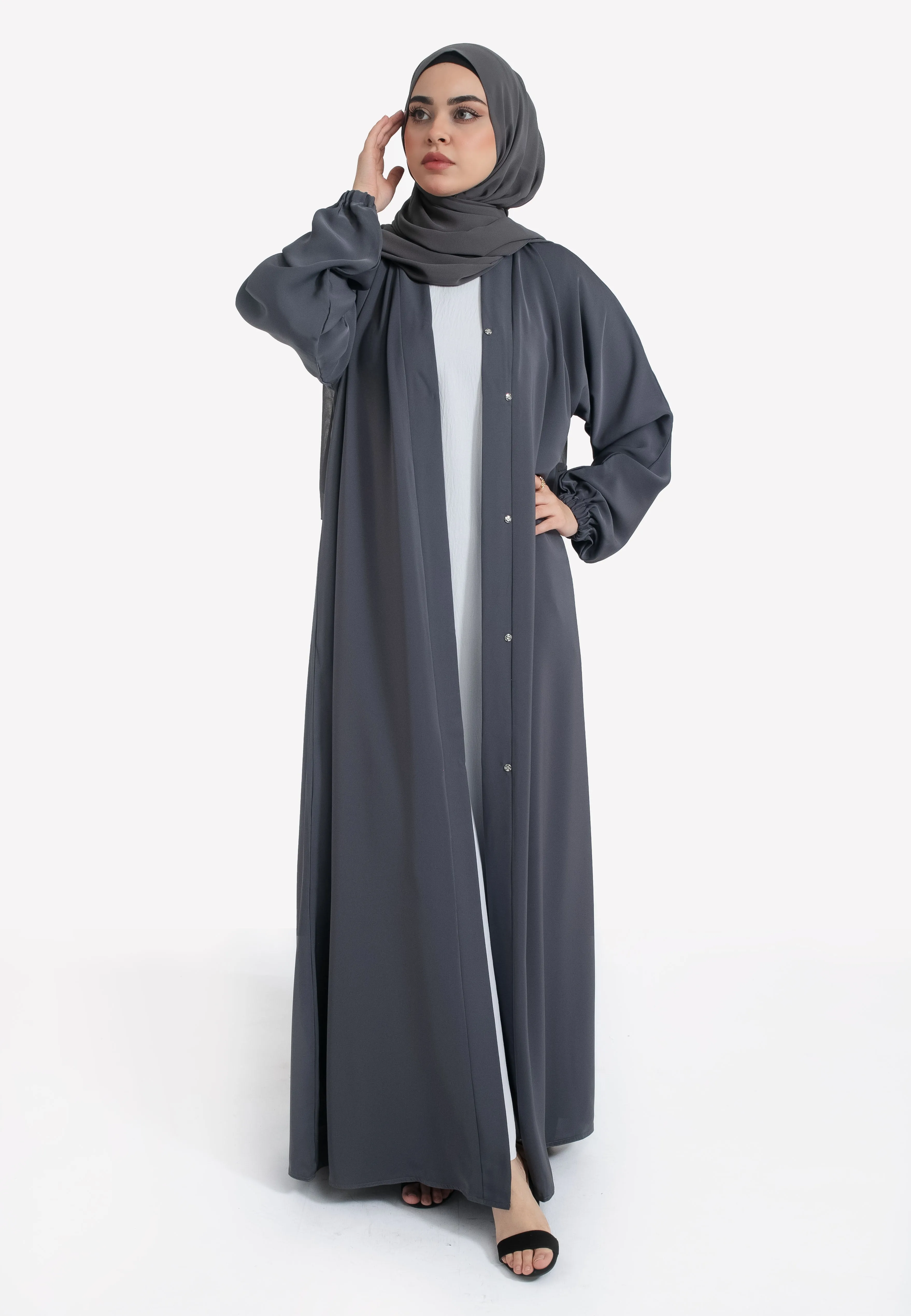 Plain Pebble Grey Open Abaya With Elasticated Cuff Sleeves