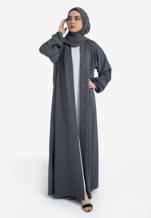 Plain Pebble Grey Open Abaya With Elasticated Cuff Sleeves
