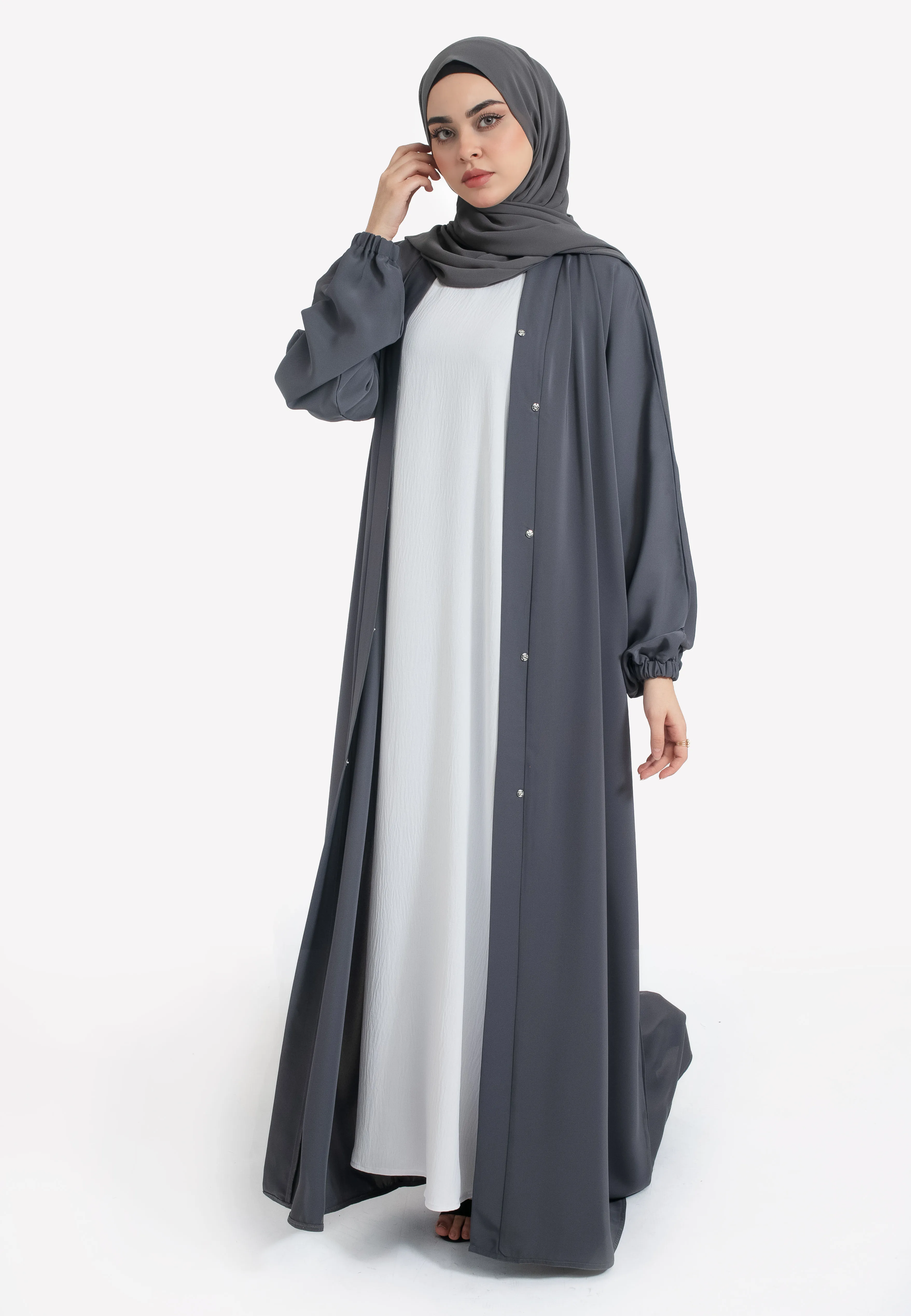 Plain Pebble Grey Open Abaya With Elasticated Cuff Sleeves