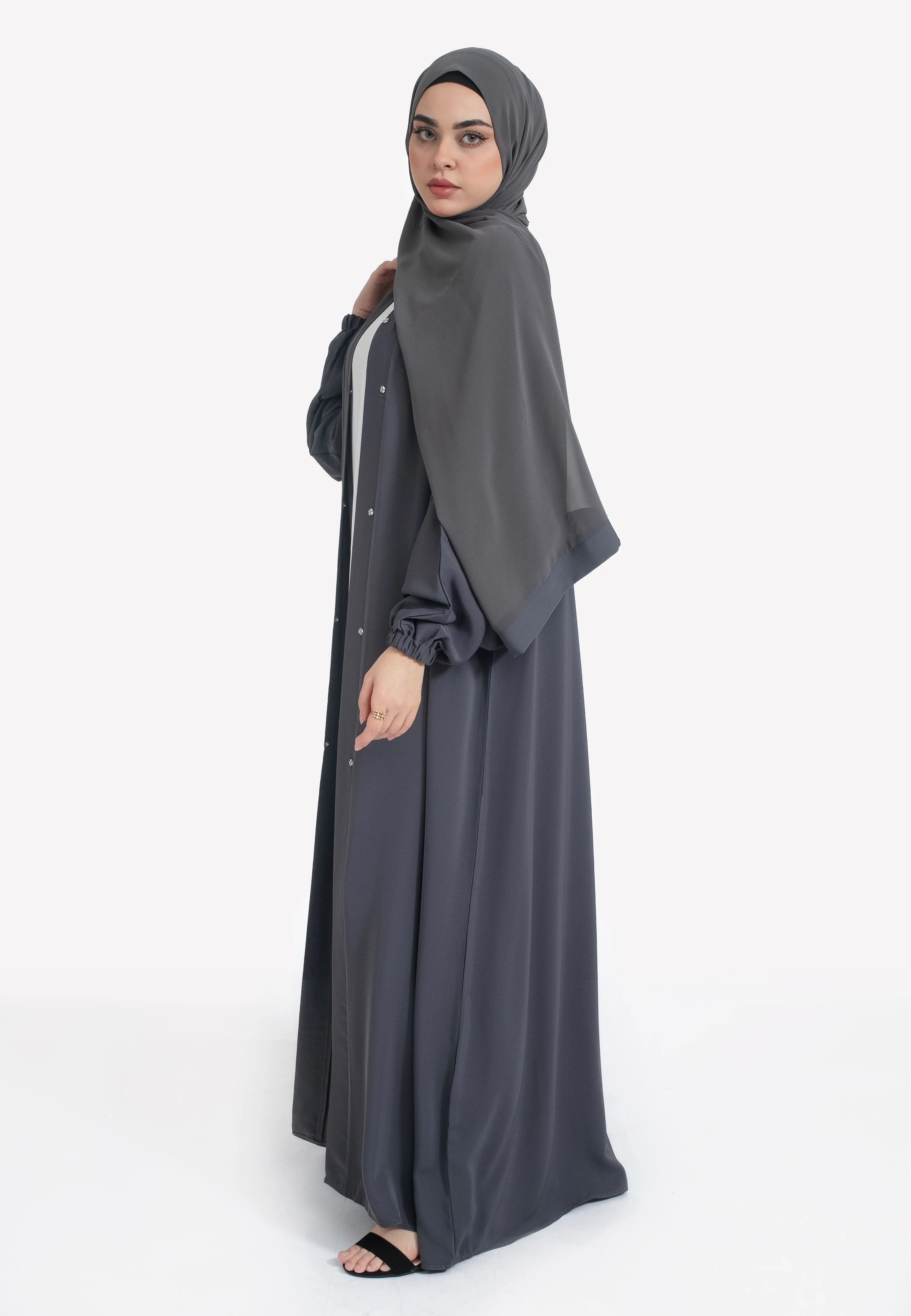 Plain Pebble Grey Open Abaya With Elasticated Cuff Sleeves