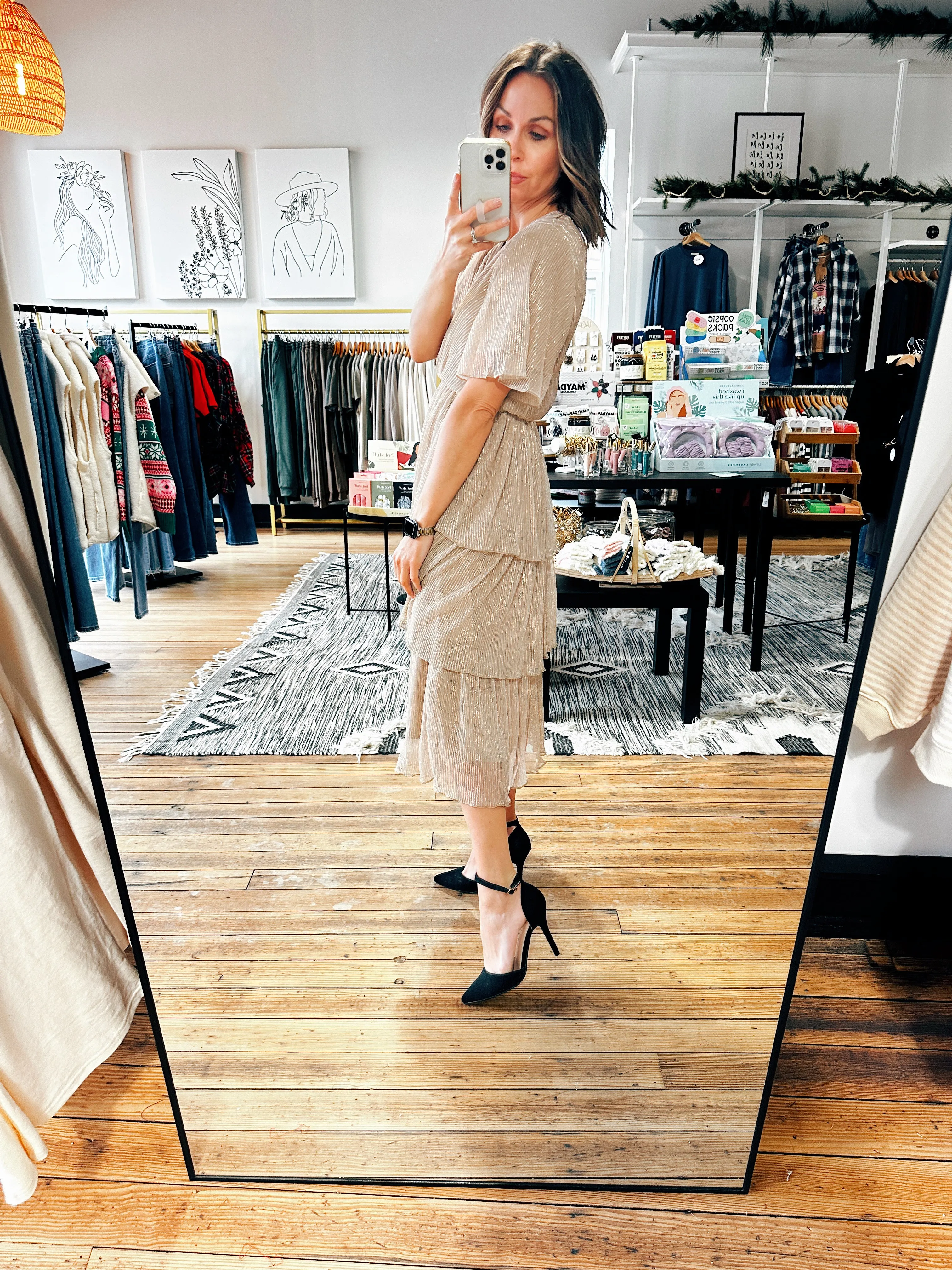 Pleated Champagne Tiered Dress -ALL SALES FINAL