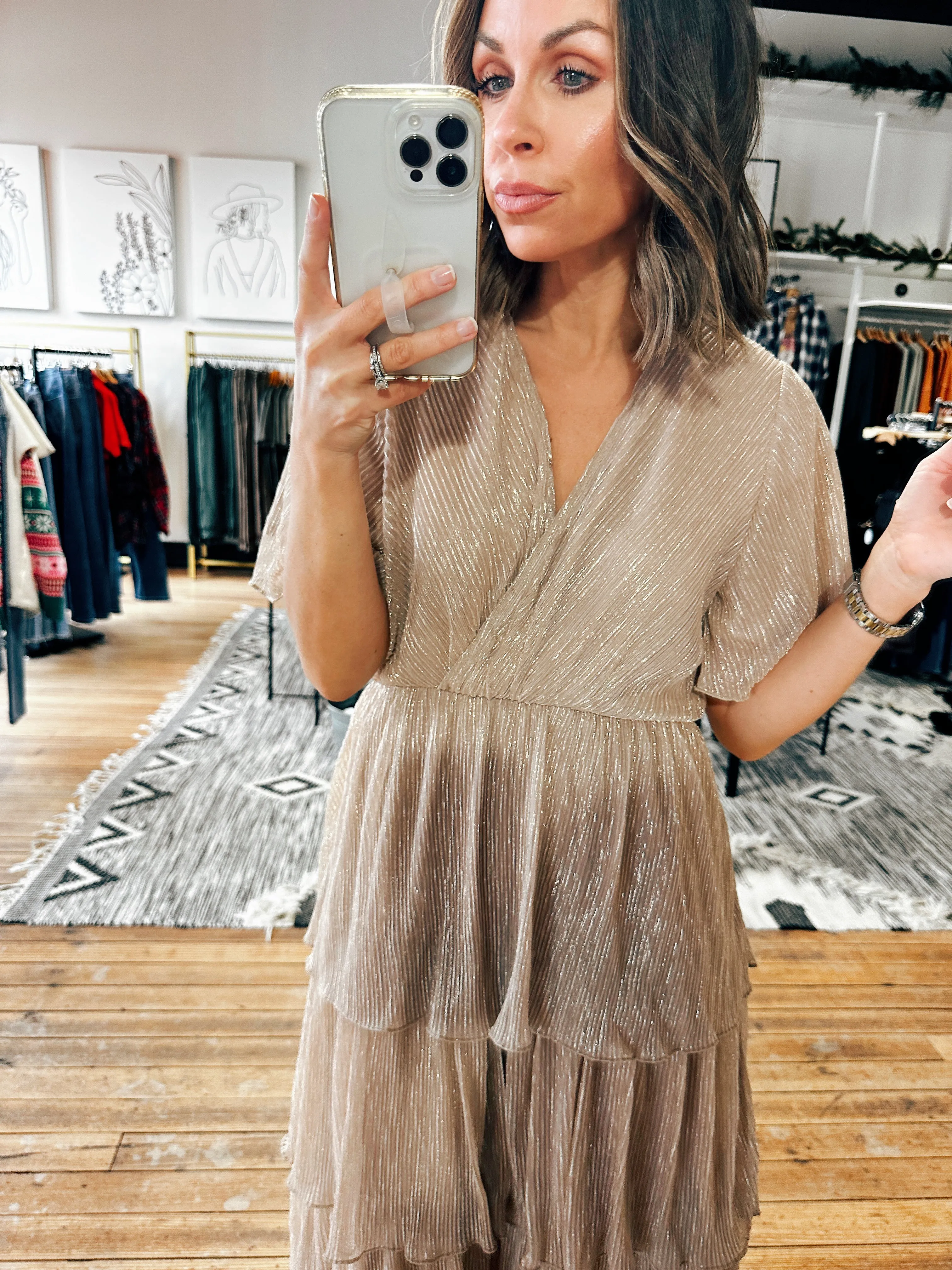 Pleated Champagne Tiered Dress -ALL SALES FINAL