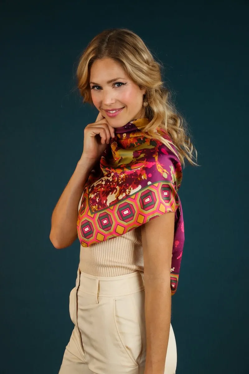 Powder Satin Print Swirling Pheasant Scarf