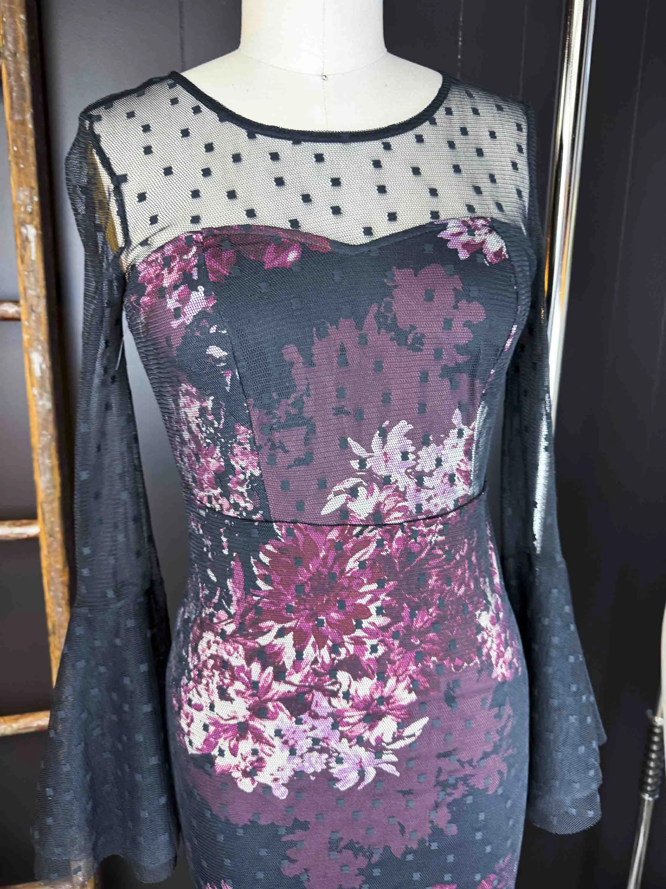 Pre-loved Black Mesh And Floral Dress - Size XS