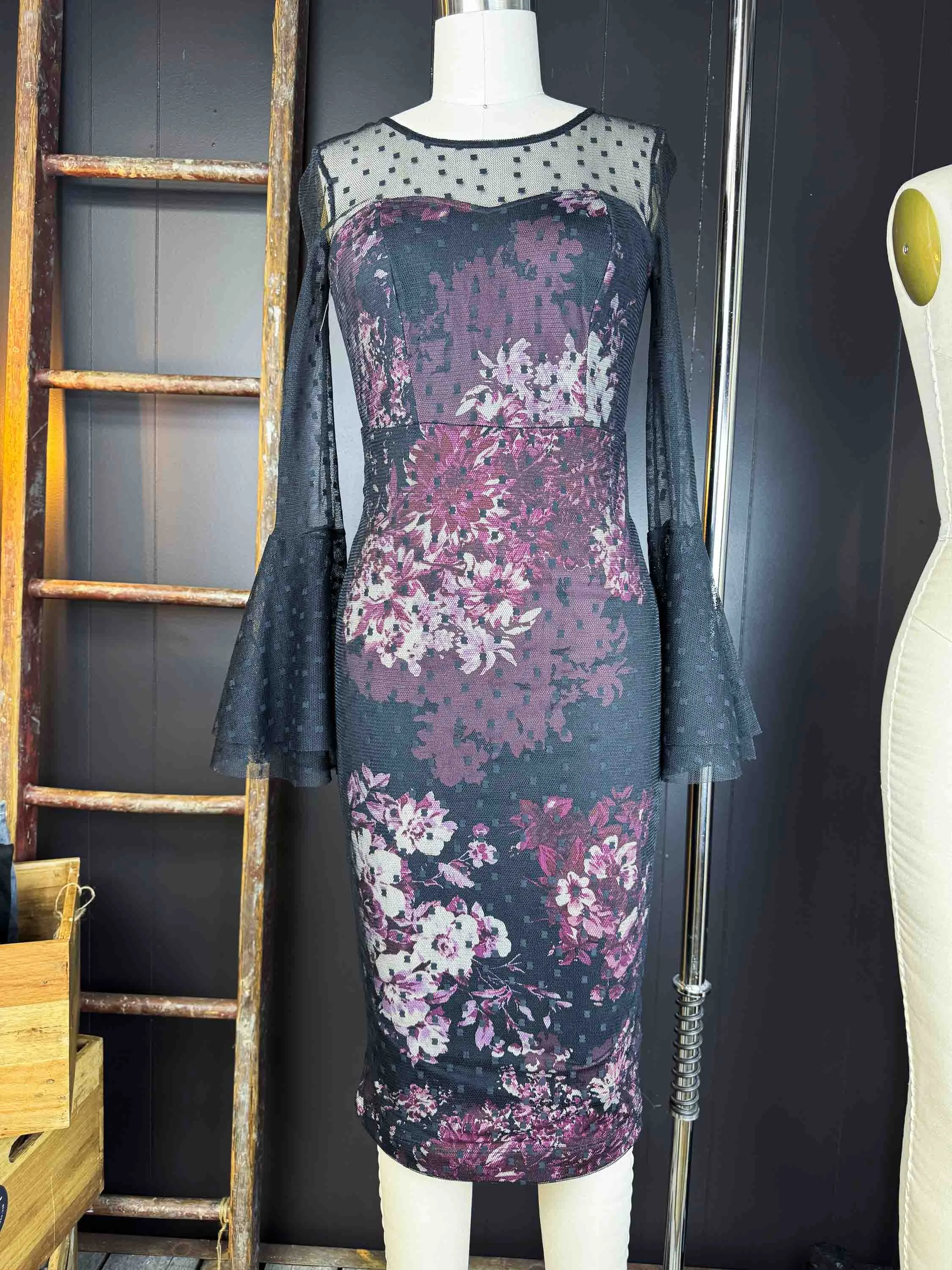 Pre-loved Black Mesh And Floral Dress - Size XS