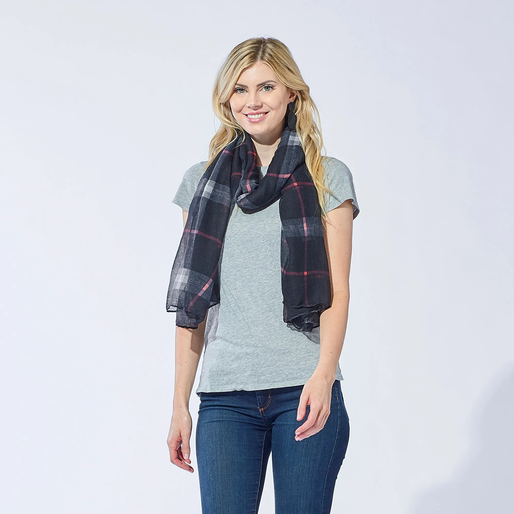 Preppy Lightweight Plaid Scarf - Black