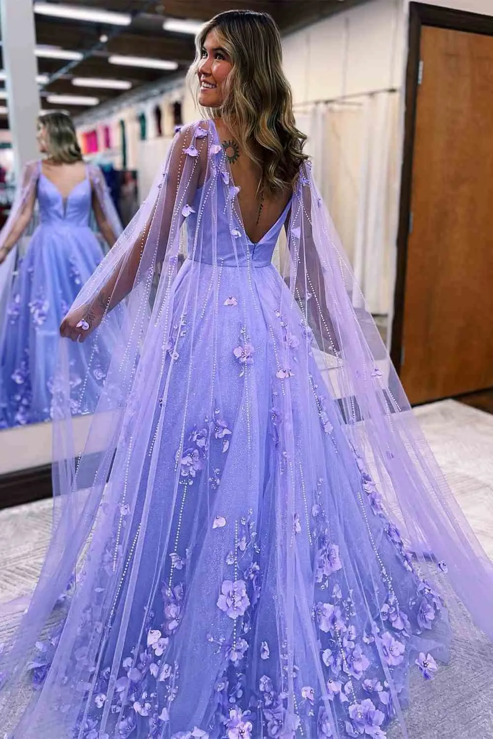 Princess Lavender Prom Dress 3D Flowers Tulle Formal Dress with Cape