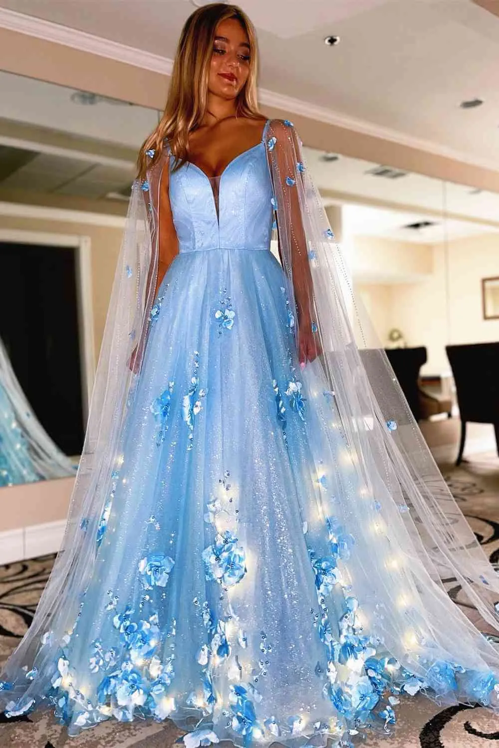 Princess Lavender Prom Dress 3D Flowers Tulle Formal Dress with Cape