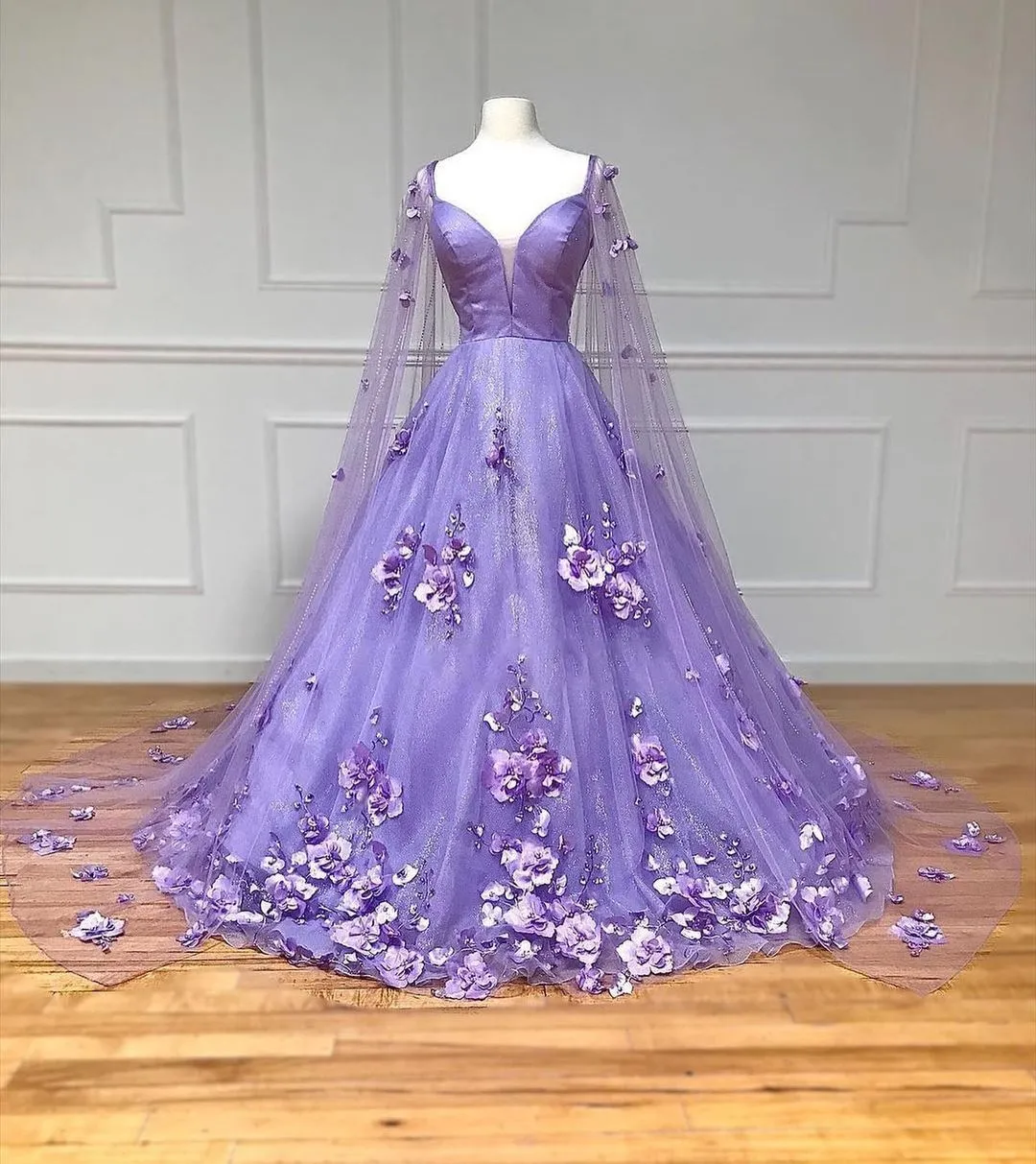 Princess Lavender Prom Dress 3D Flowers Tulle Formal Dress with Cape