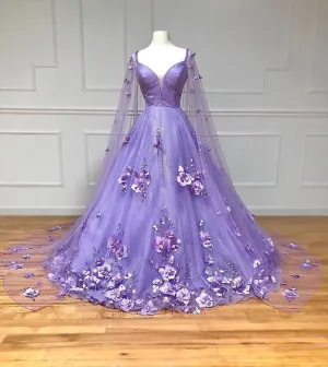 Princess Lavender Prom Dress 3D Flowers Tulle Formal Dress with Cape