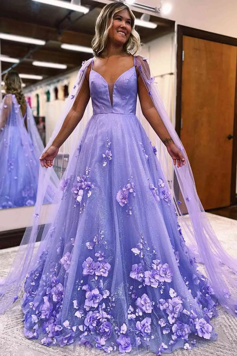 Princess Lavender Prom Dress 3D Flowers Tulle Formal Dress with Cape