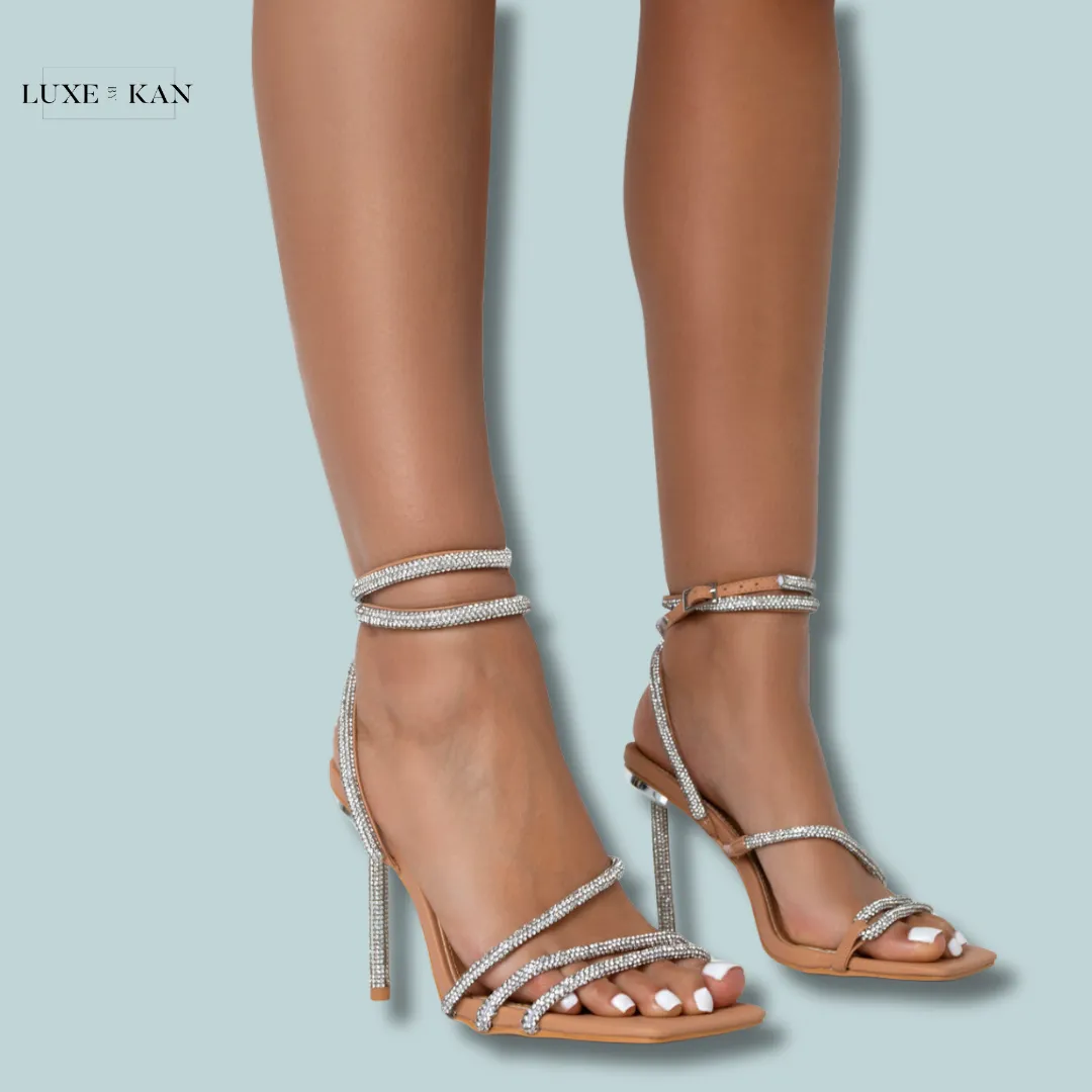PUBLIC DESIRE CLUELESS NUDE STRAPPY SQUARE TOE DIAMANTE HEELS