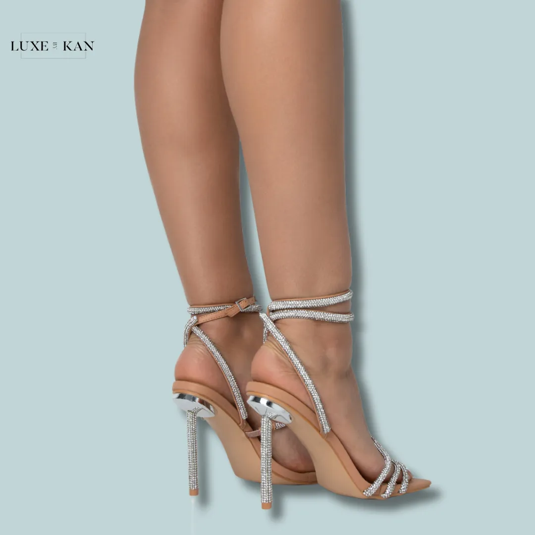 PUBLIC DESIRE CLUELESS NUDE STRAPPY SQUARE TOE DIAMANTE HEELS