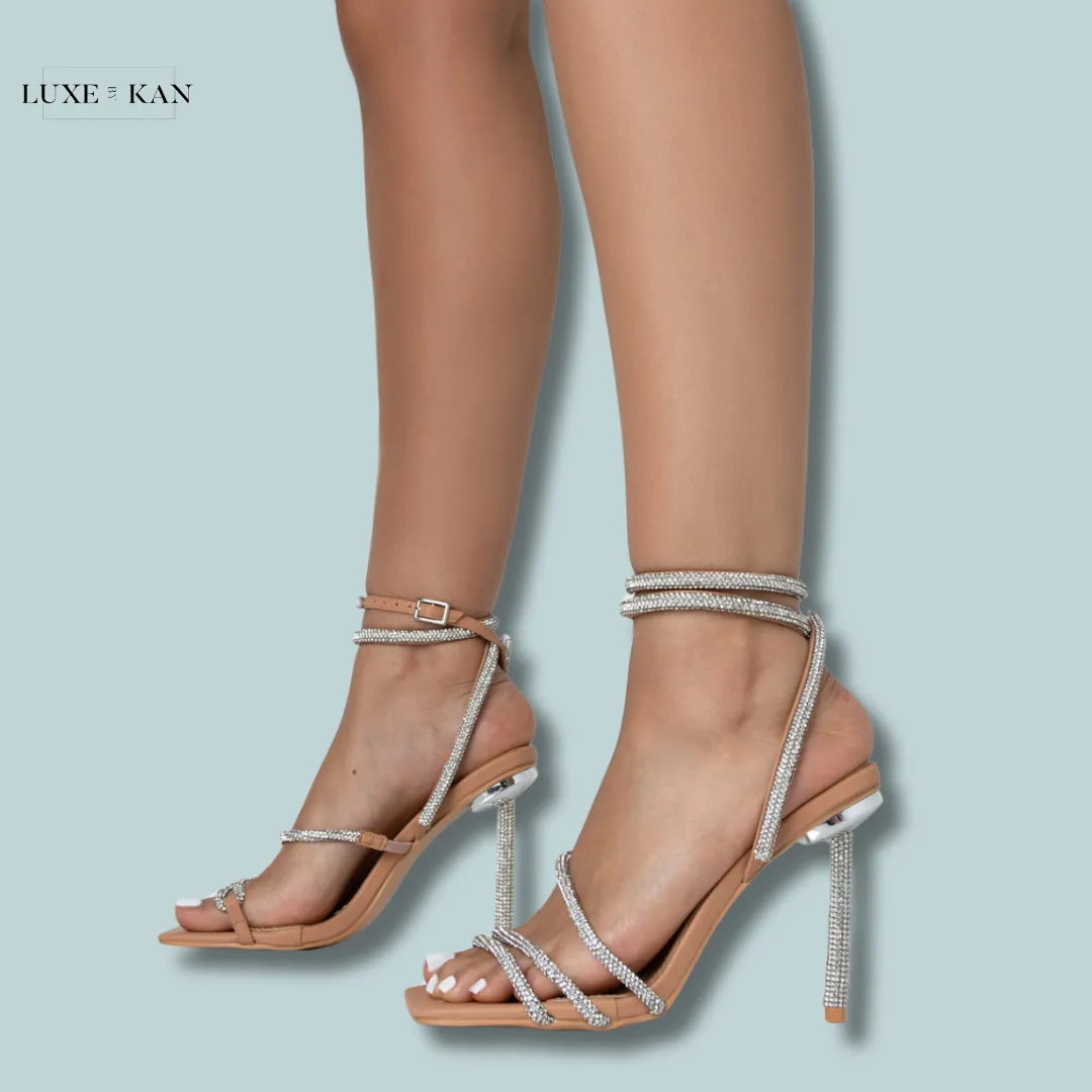 PUBLIC DESIRE CLUELESS NUDE STRAPPY SQUARE TOE DIAMANTE HEELS