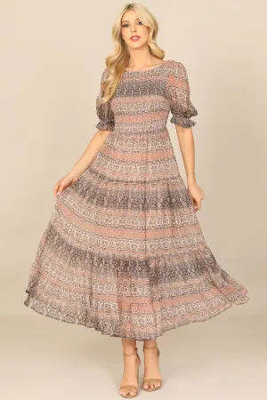 PUFF SLEEVE SMOCKED PRINTED MIDI DRESS