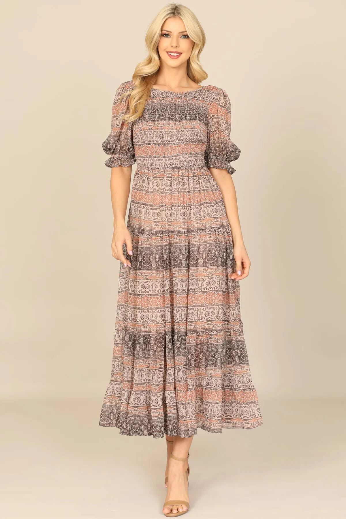 PUFF SLEEVE SMOCKED PRINTED MIDI DRESS