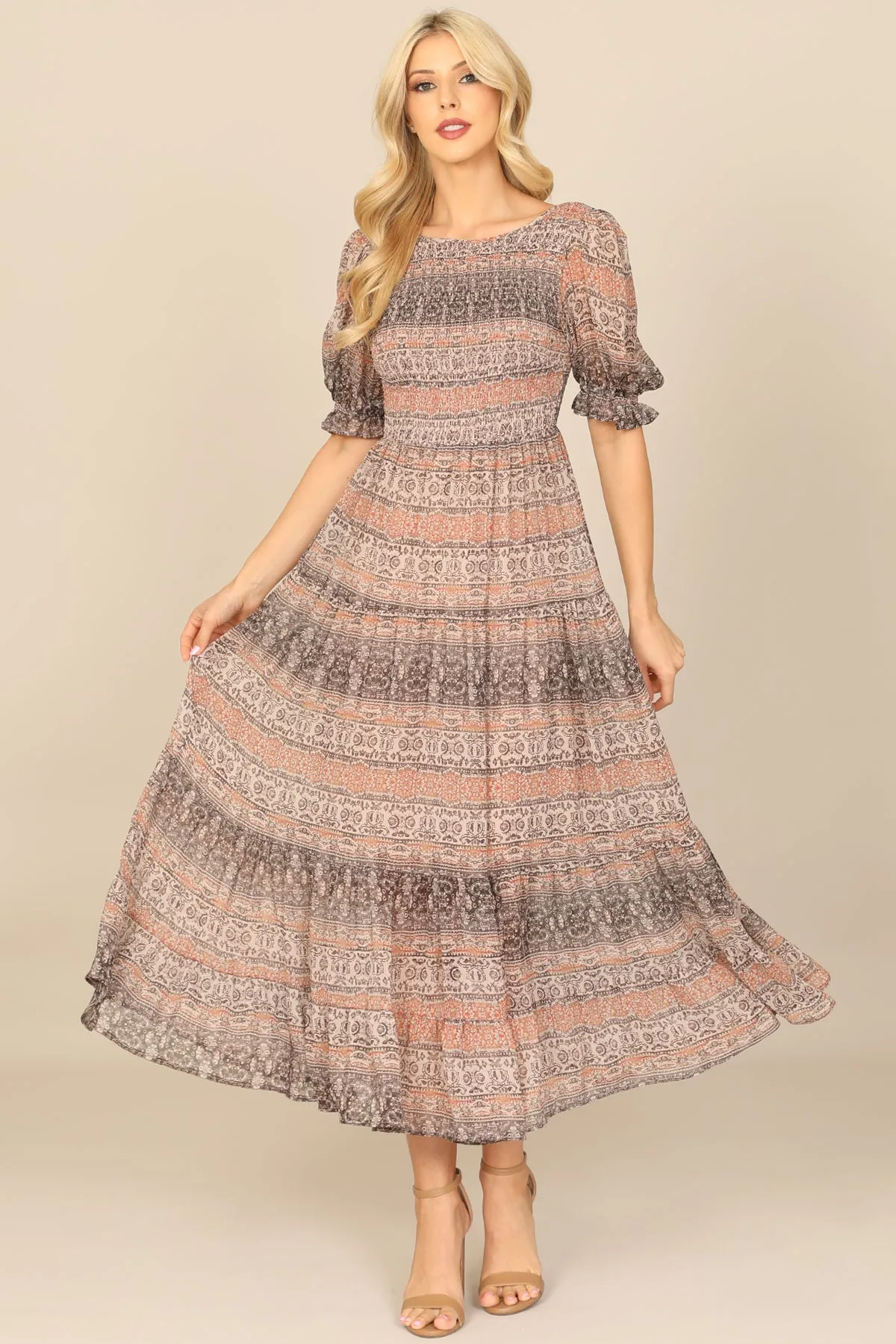 PUFF SLEEVE SMOCKED PRINTED MIDI DRESS