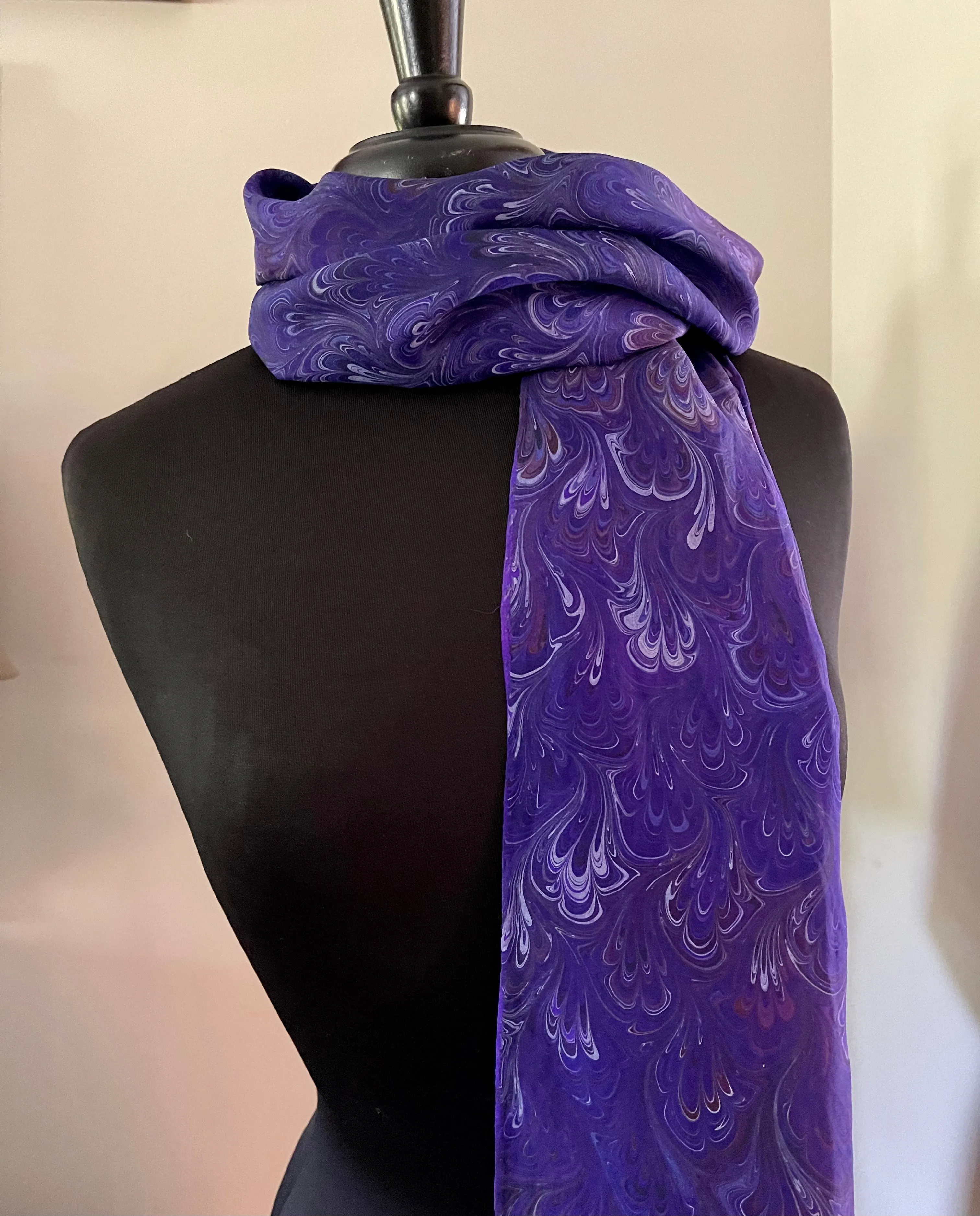 Purple Burgundy Blue bouquet Water Marbled Habotai Silk 14x72.